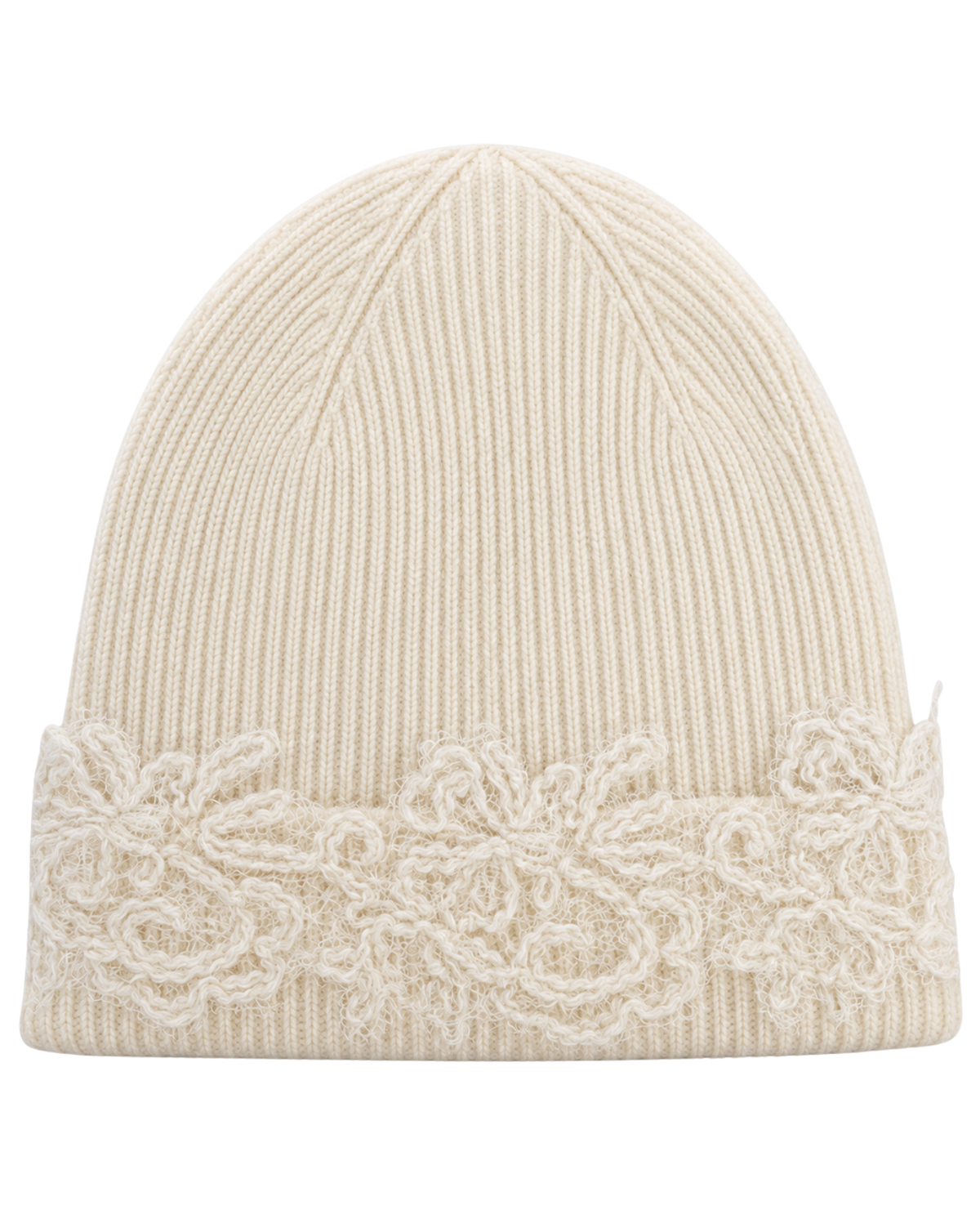 A cream-colored ribbed knit beanie hat featuring a decorative floral lace trim around the folded cuff, shown against a plain white background.