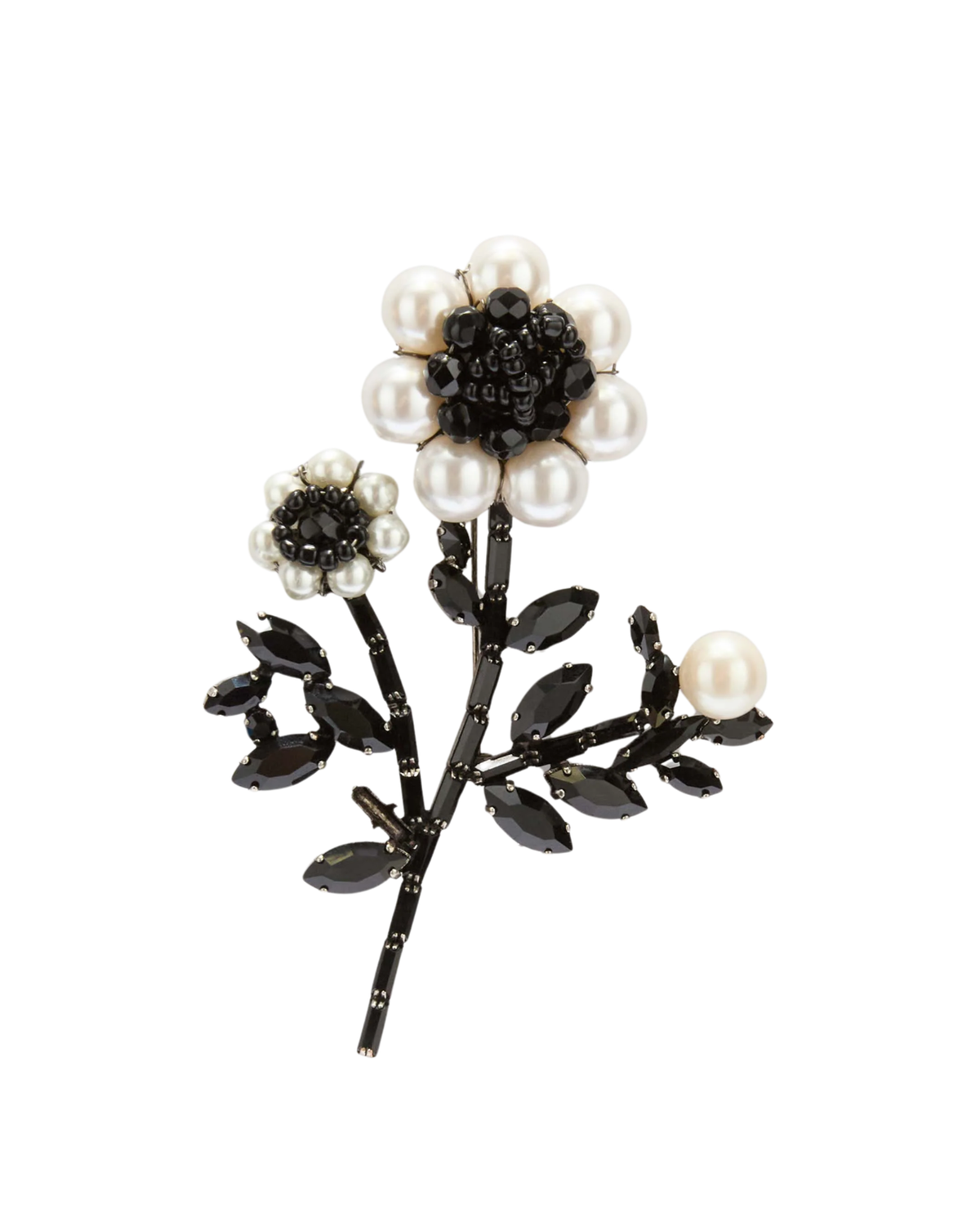 A floral brooch featuring white faux pearls and black rhinestone accents, set on a black metal stem with small pearl buds, photographed on a solid white background.
