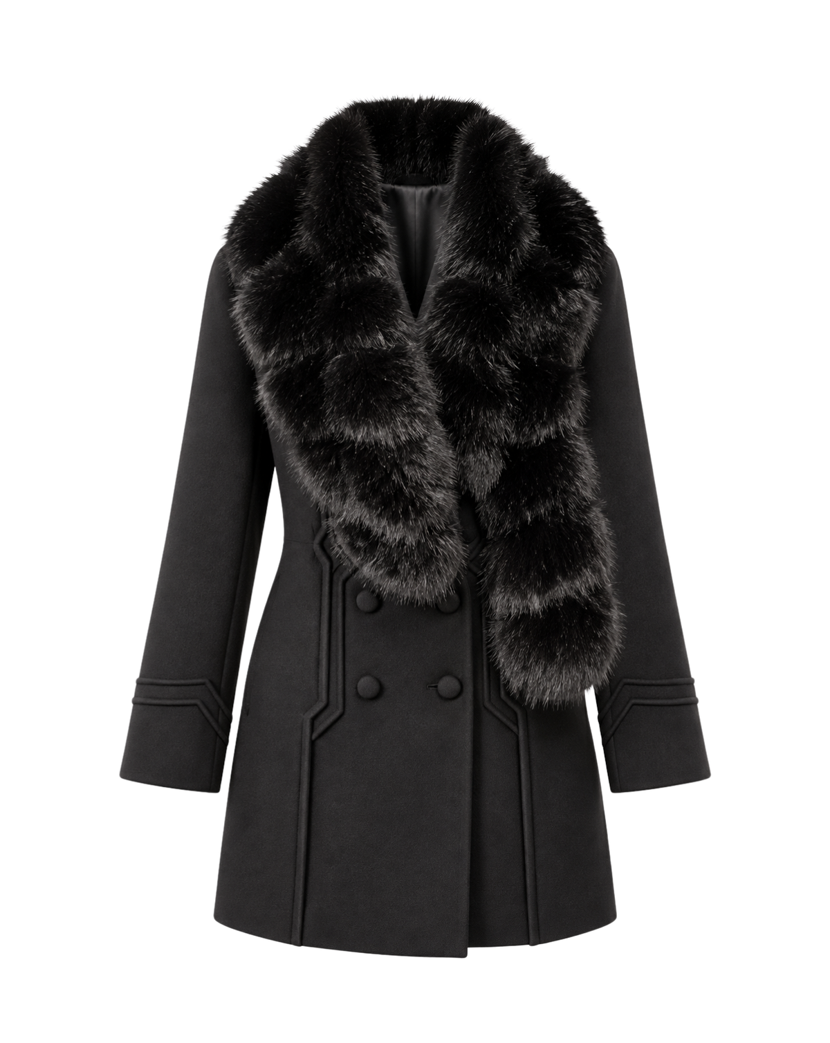 A black double-breasted coat with a large, luxurious black and gray faux fur collar, shown on a plain white background.