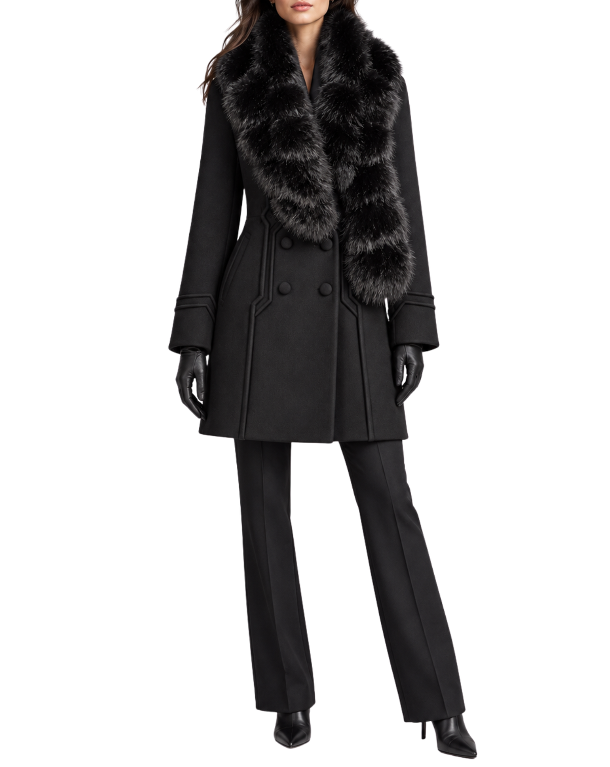 A model wearing a black double-breasted coat with a large black and gray fur collar, paired with black trousers, gloves, and heels, shown against a plain white background.