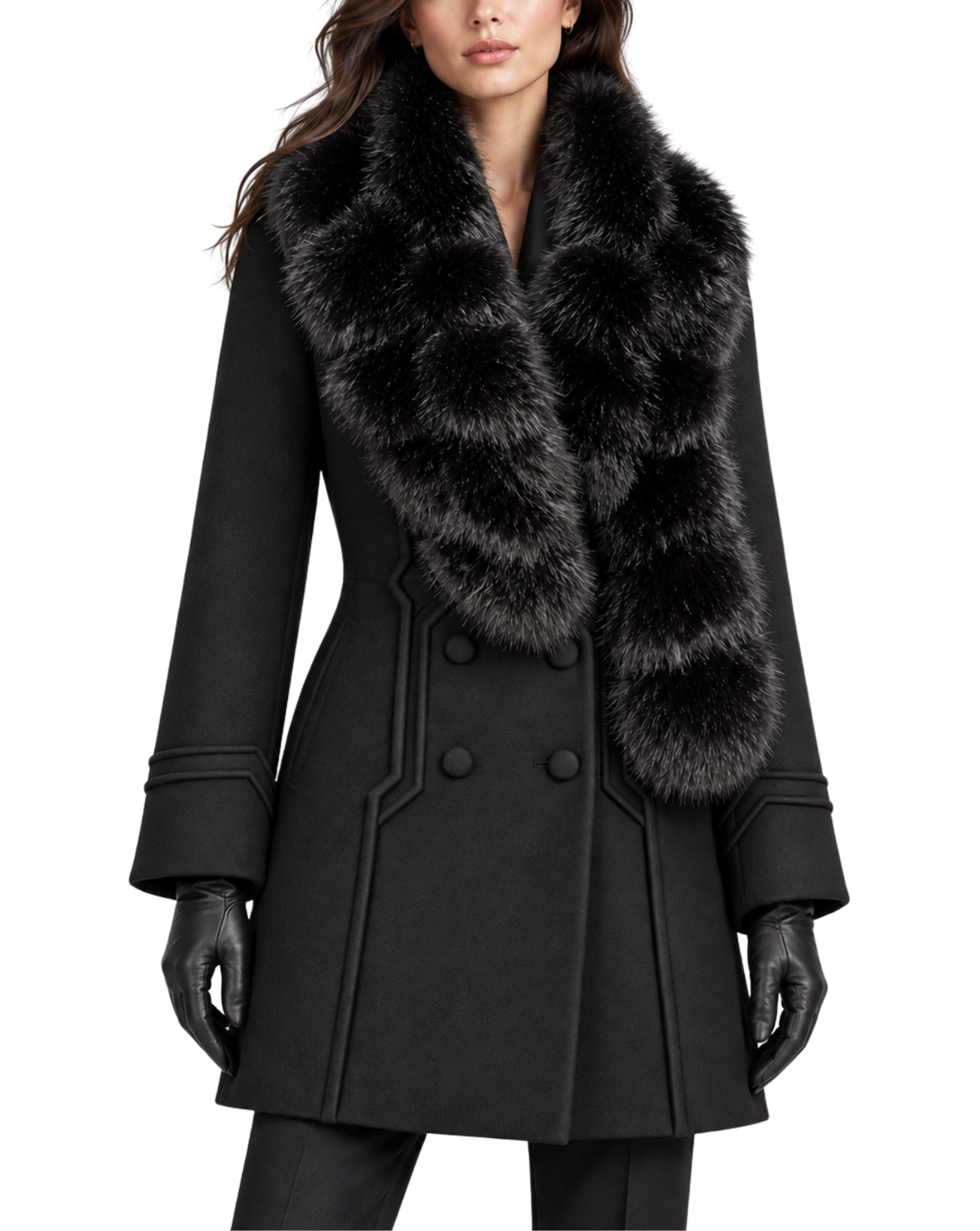 A woman wearing a black double-breasted coat with a large black and gray fur collar, black gloves, and black pants against a plain white background.