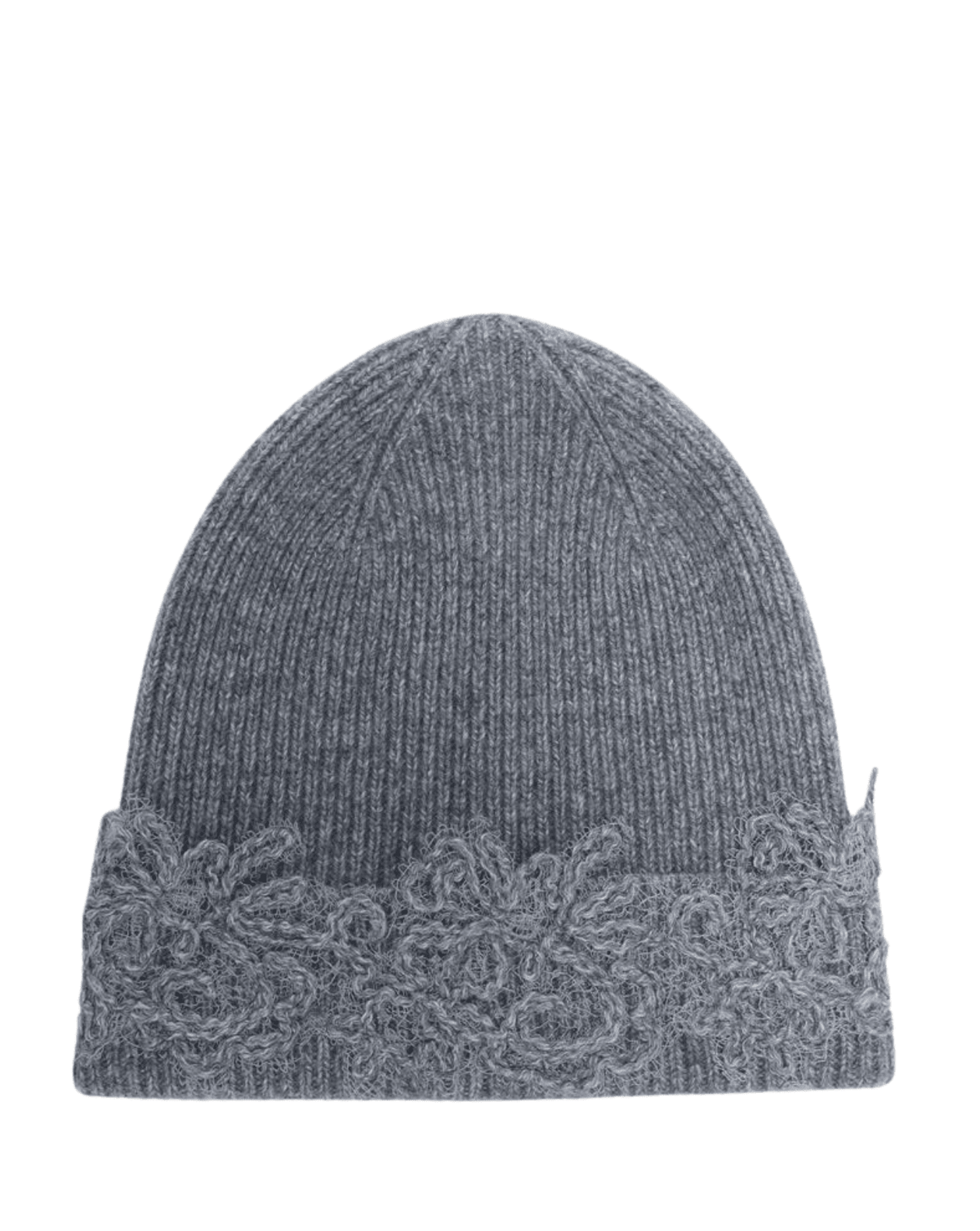 A gray ribbed knit beanie hat featuring a decorative floral lace trim along the folded cuff, shown against a plain white background.