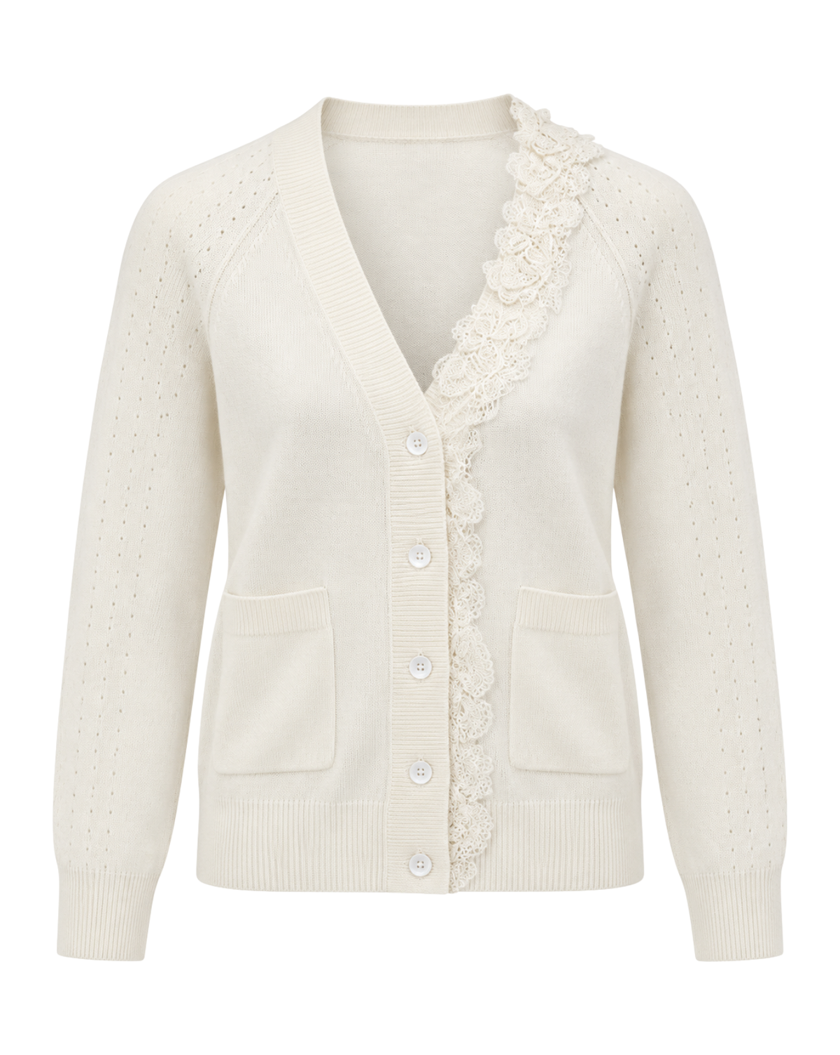 An off-white knit cardigan sweater featuring a V-neckline, decorative floral lace trim along the front, button closures, and two front patch pockets.