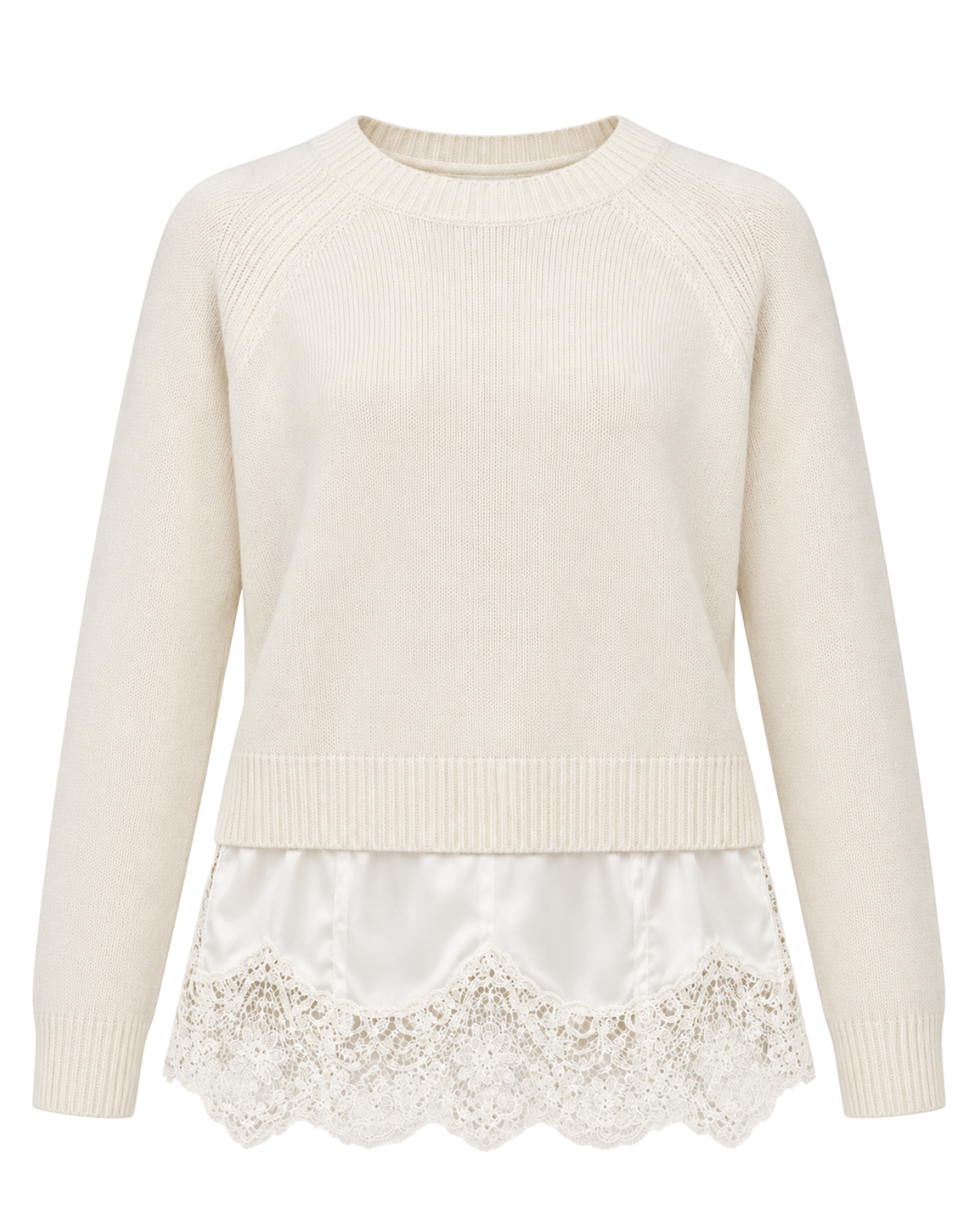 An off-white long-sleeve knit sweater with a ribbed crew neck, raglan sleeves, and a decorative white satin hem featuring a scalloped lace overlay.