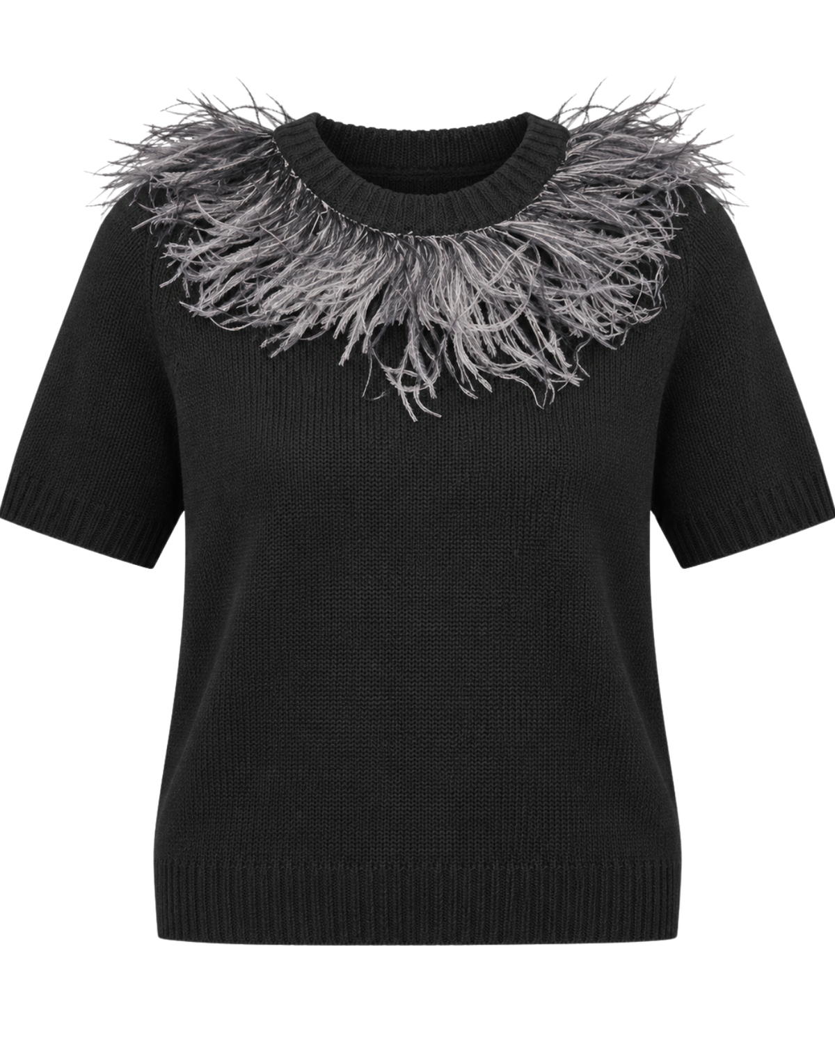 A black short-sleeve knit sweater featuring a prominent gray feather collar detail across the neckline, shown against a plain white background.