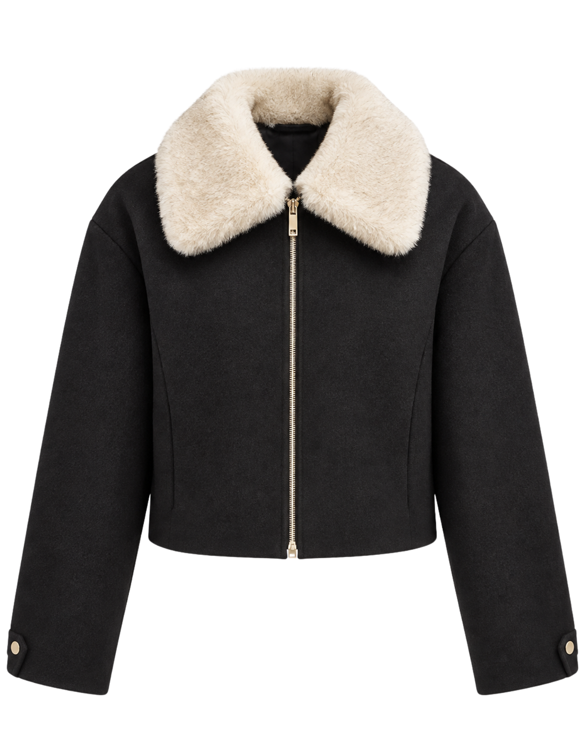 A black cropped jacket with a plush cream-colored shearling-style collar and a gold-tone front zipper, shown on a plain white background.