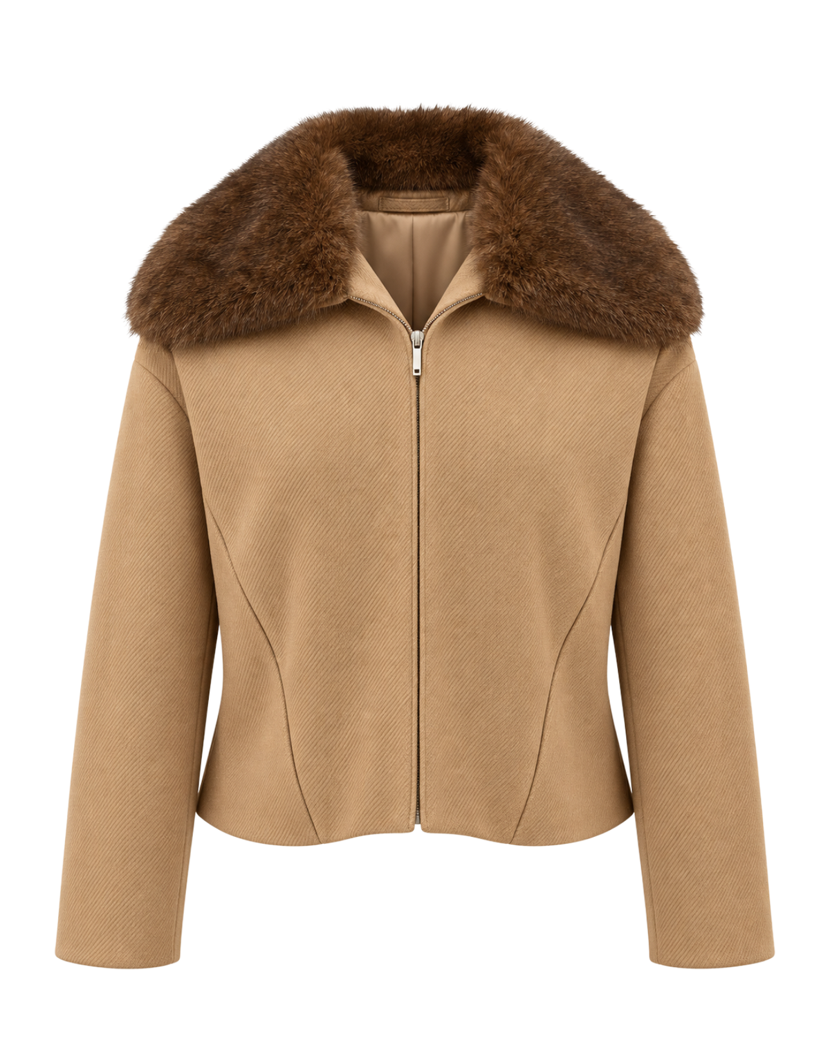 A cropped tan jacket with a large brown faux-fur collar, featuring a front zipper and structured shoulders, shown against a plain white background.