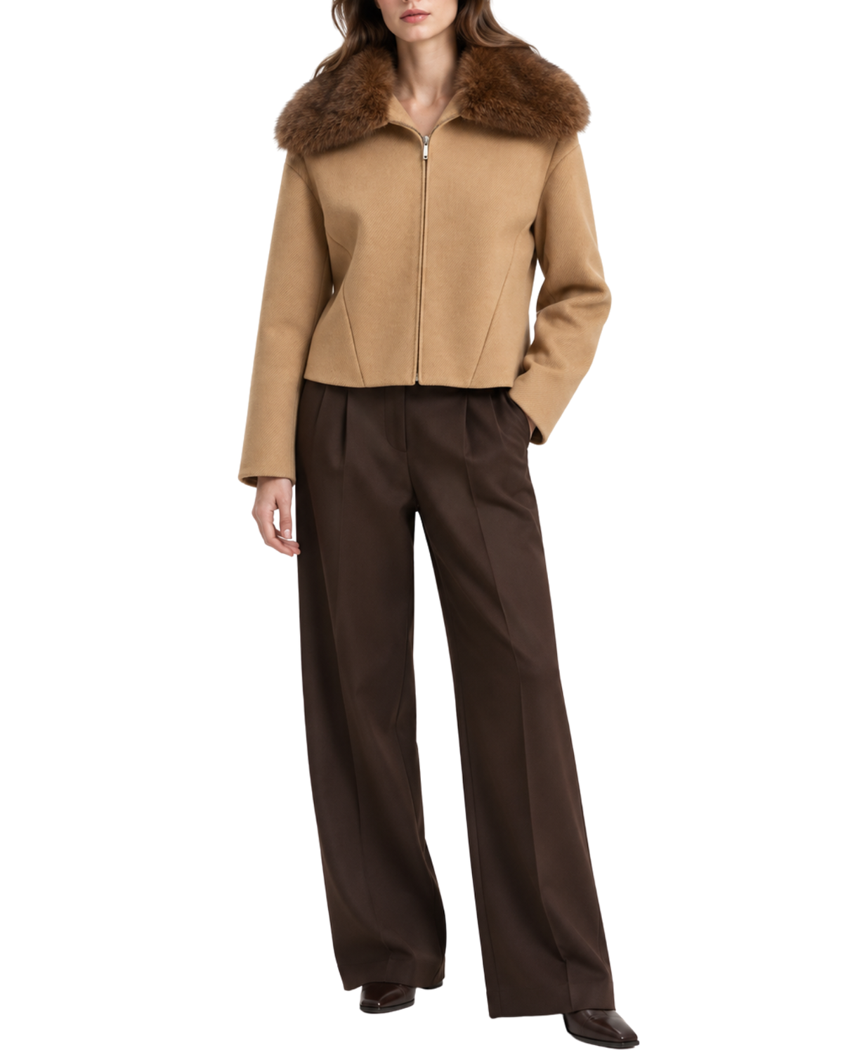 A model wearing a cropped camel-colored jacket with a brown fur collar and dark brown wide-leg trousers, shown against a plain white background.