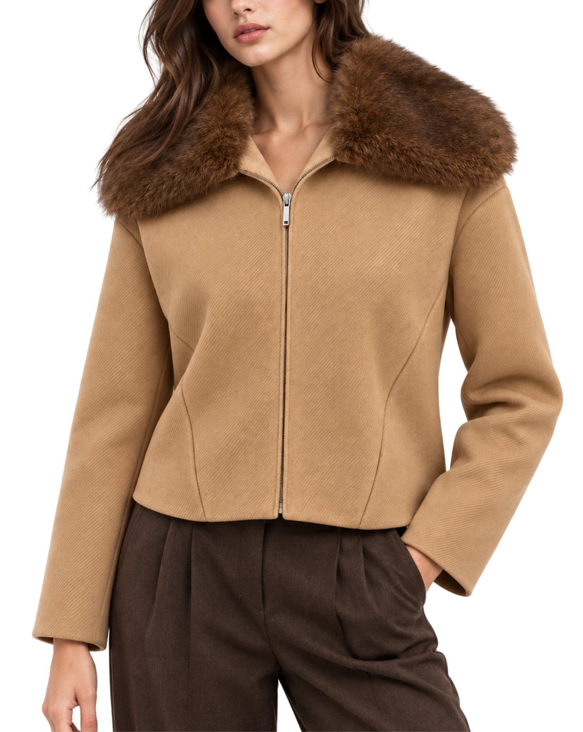 A woman wearing a cropped camel-colored jacket with a large brown faux-fur collar, paired with dark brown trousers, shown against a plain white background.