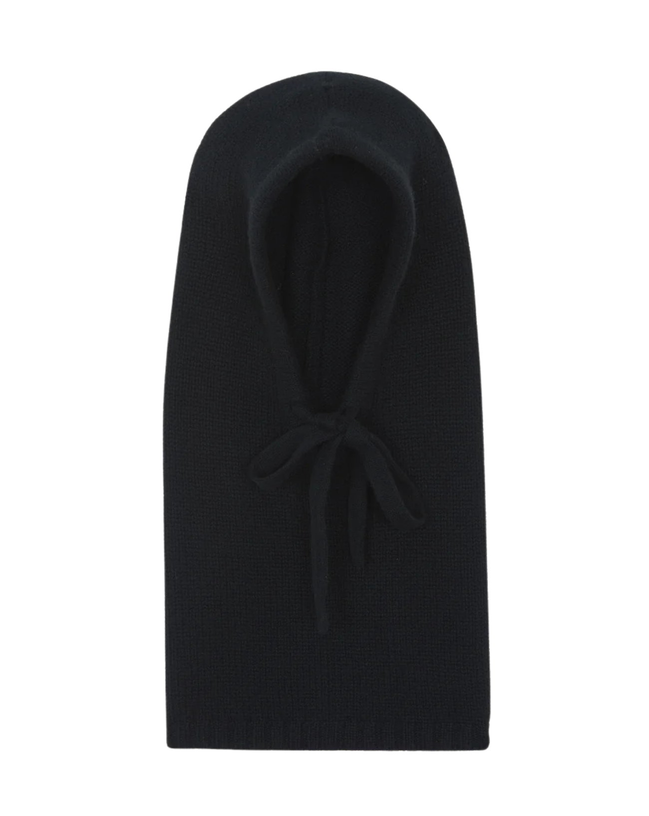 A black ribbed knit hooded balaclava or neck gaiter with a drawstring tie, shown flat against a solid white background.