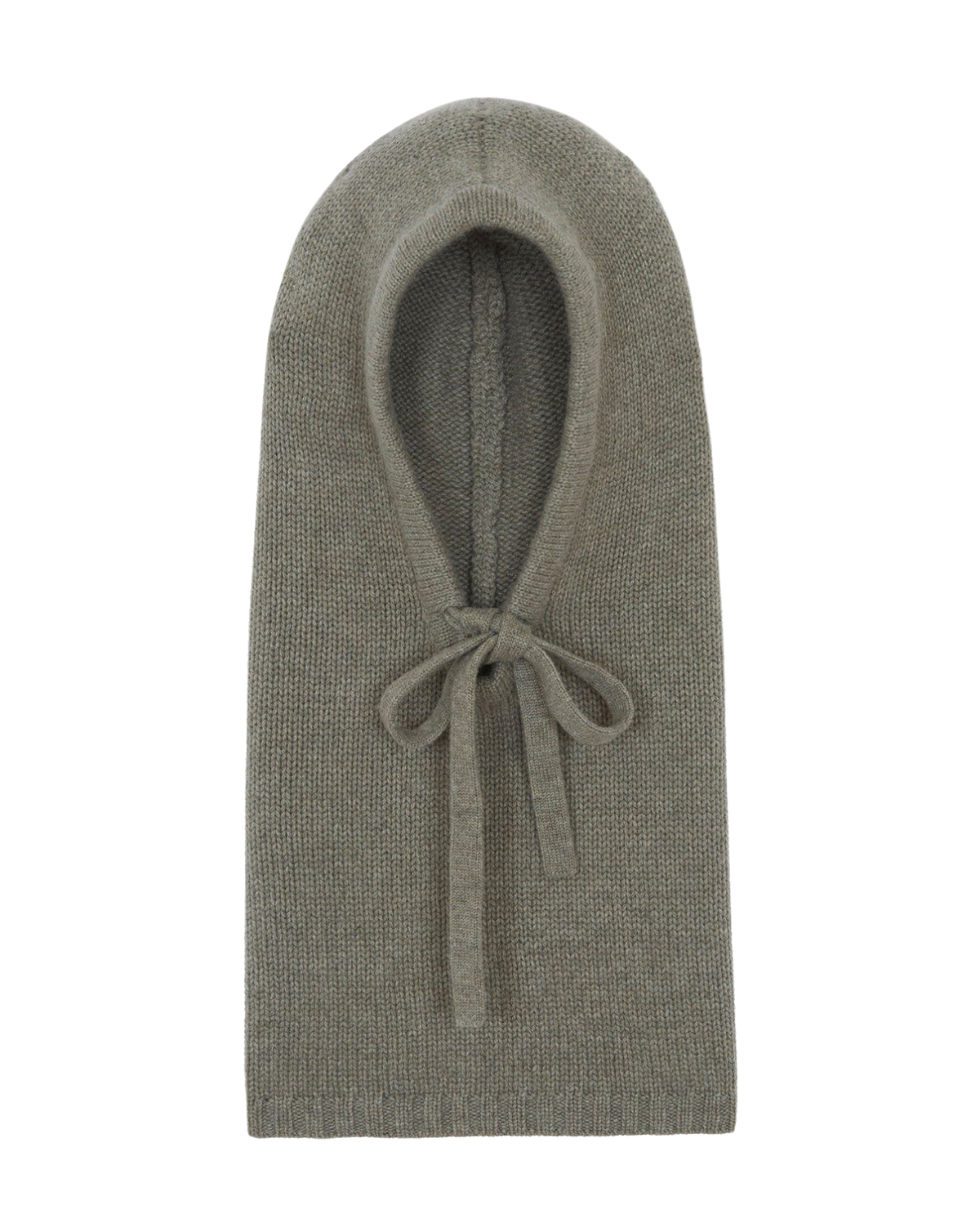 A knit hooded balaclava or neck warmer in a muted taupe-gray color, featuring a small tie detail at the front, shown against a plain white background.