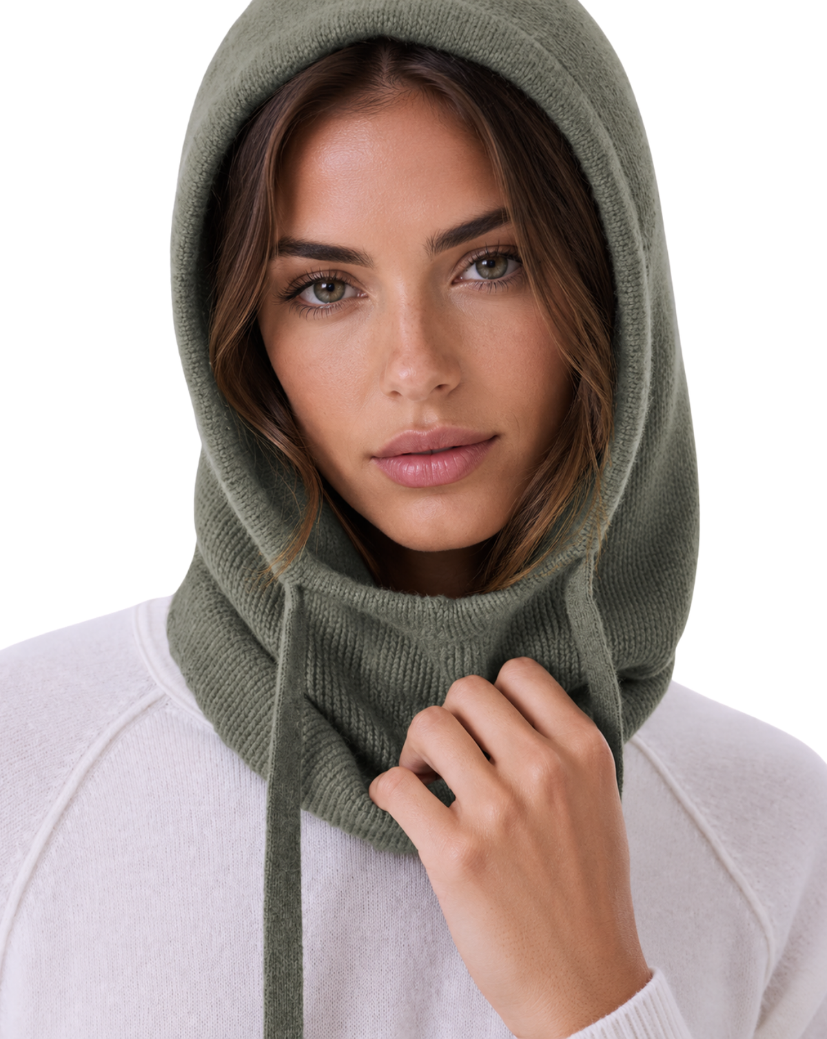 A close-up of a woman wearing an olive green ribbed knit hooded cowl neck warmer over a white sweater, set against a plain white background.