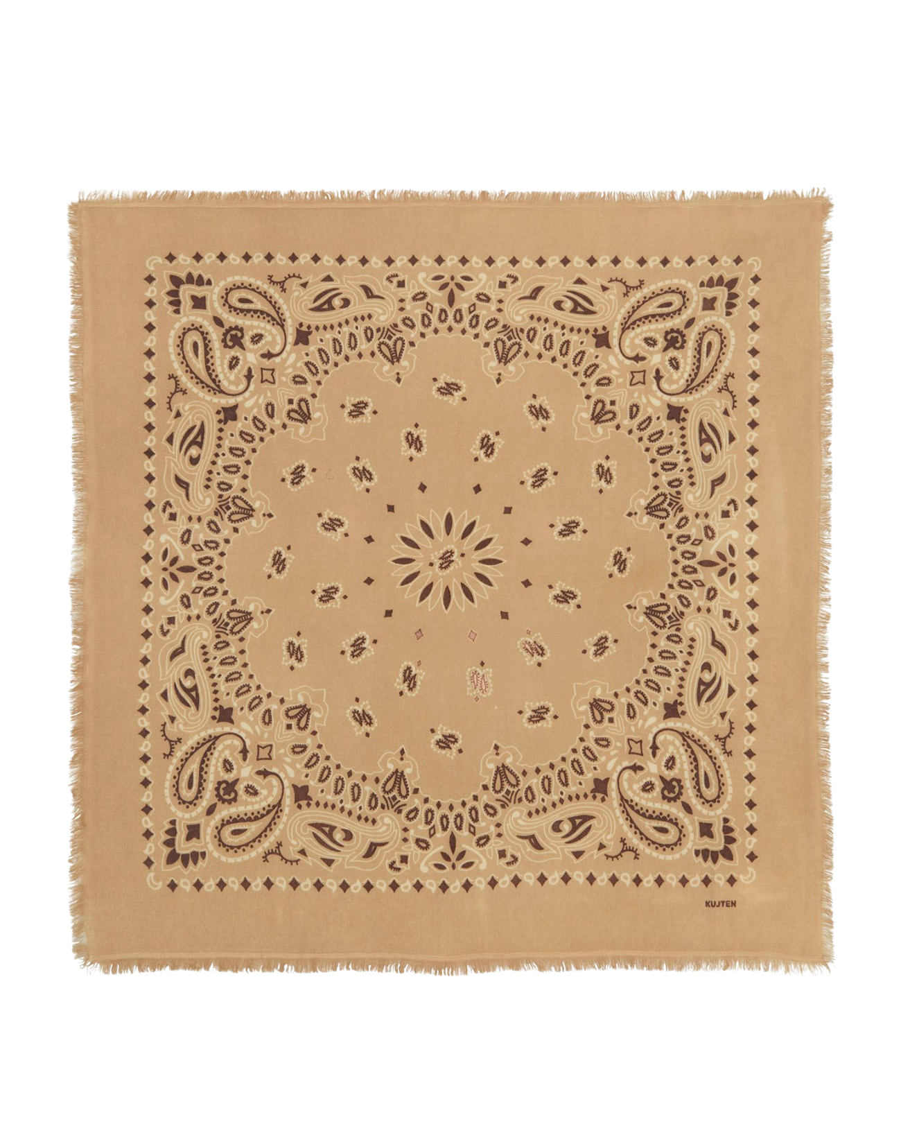 A square tan bandana with a brown paisley and floral mandala pattern, finished with fringed edges, shown flat against a white background.