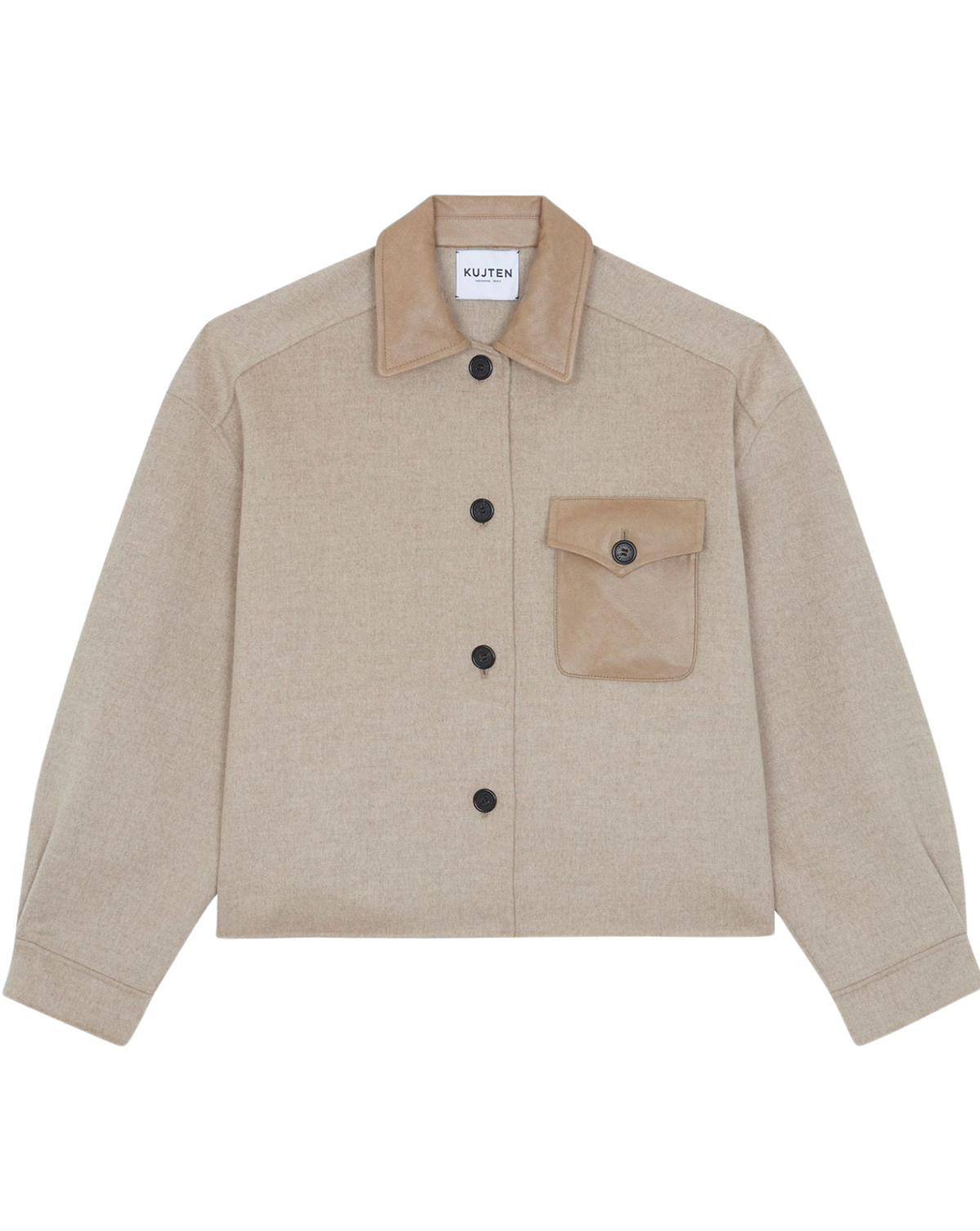 A beige Kellin jacket featuring a contrasting tan collar and chest pocket, with a button-down front and long sleeves, shown flat on a white background.