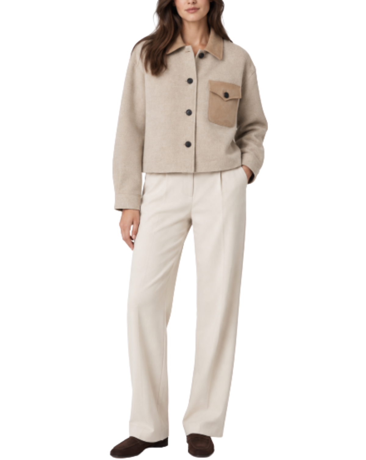 A model wearing a beige cropped button-up jacket with a chest pocket and cream wide-leg trousers, paired with dark brown shoes, against a plain white background.