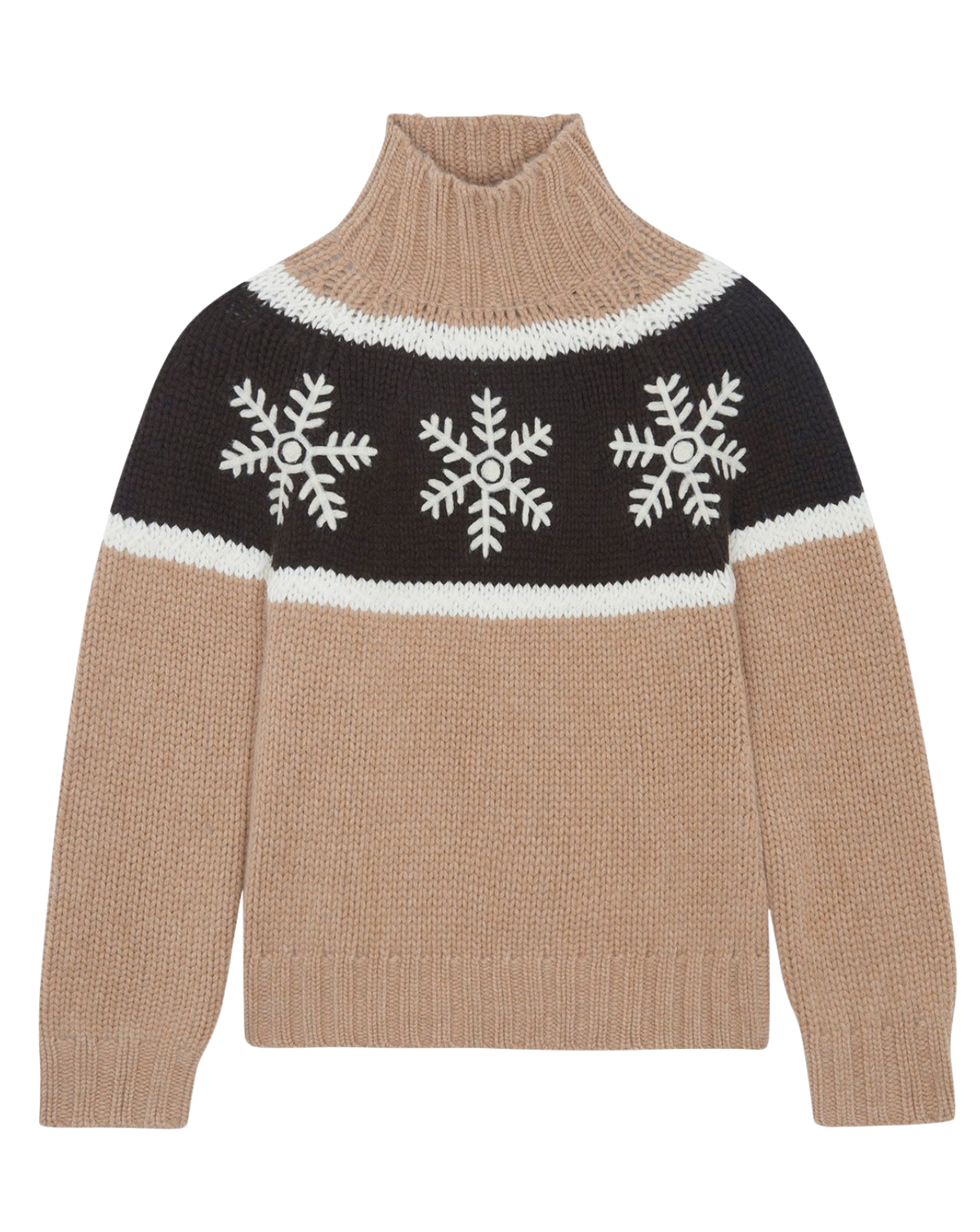 A knit turtleneck sweater in beige and black with white horizontal stripes and three white snowflake motifs across the chest, shown on a plain white background.