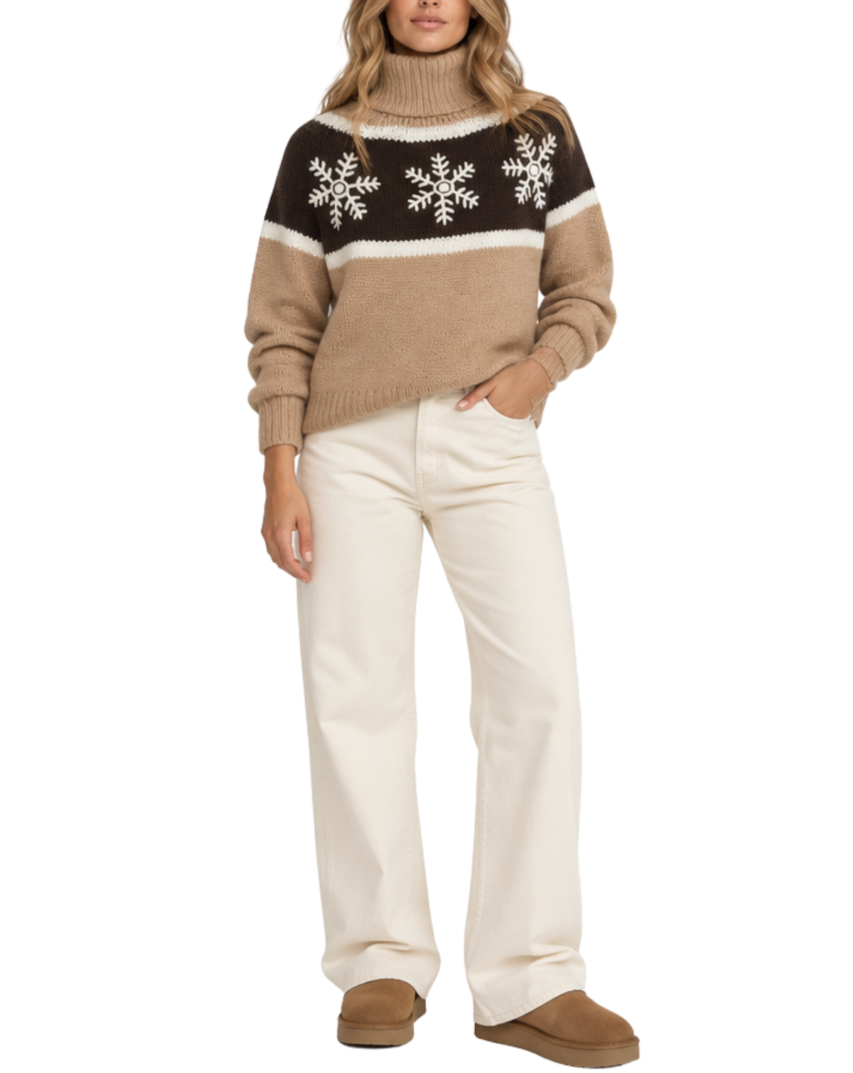 A woman modeling a knit sweater with a brown and beige color-blocked design featuring white snowflake patterns on the chest, paired with cream pants and brown slippers against a plain white background.