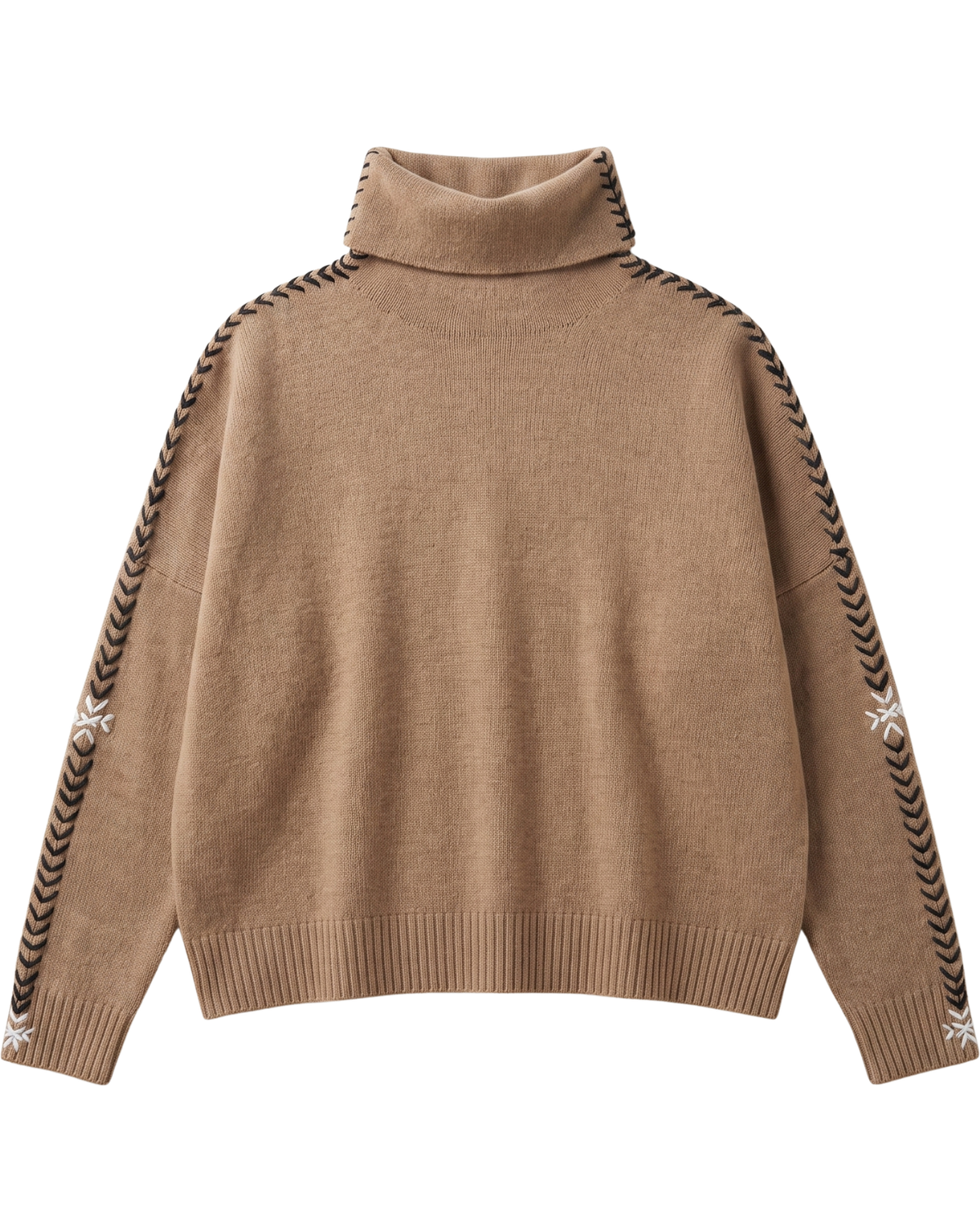 A camel brown knit turtleneck sweater with black and white embroidered chevron patterns down the sleeves, shown against a plain white background.
