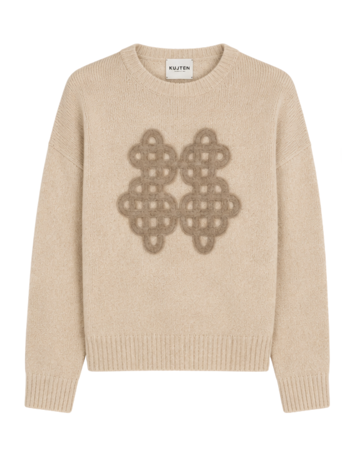 A beige crewneck sweater by Kulten featuring a large, textured geometric knit motif in a taupe-brown color across the chest.