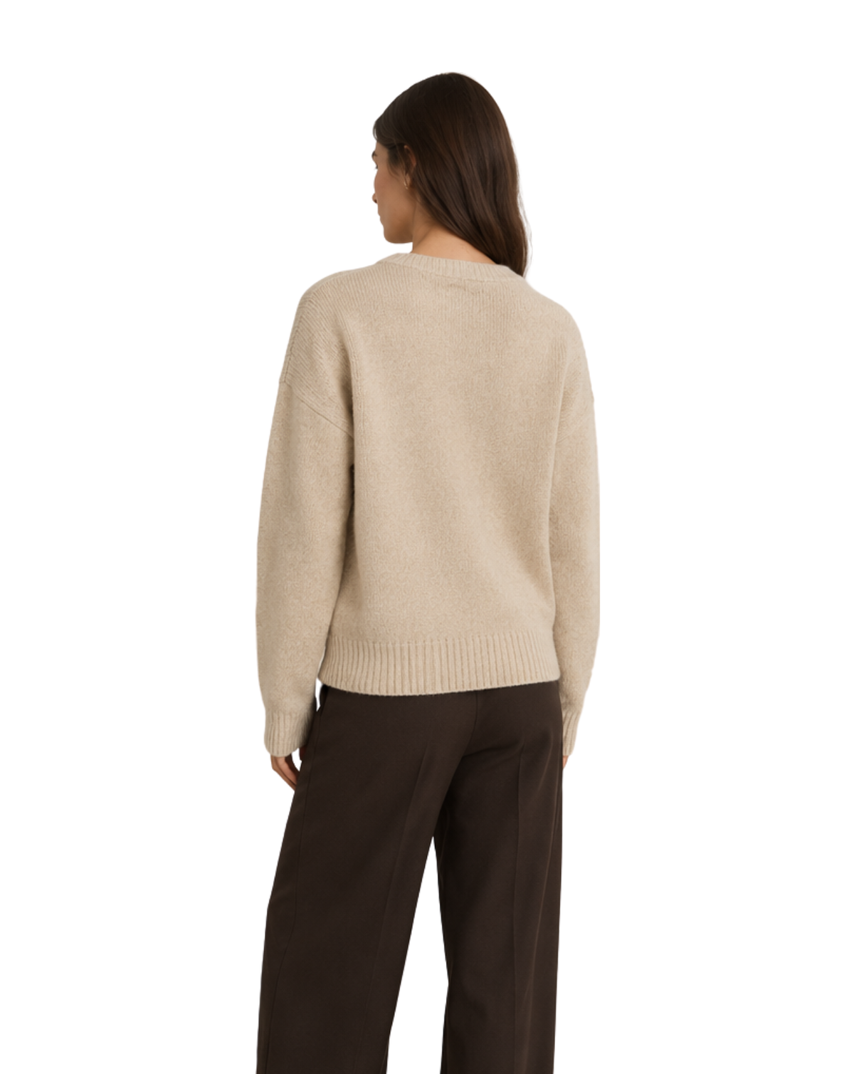 A woman viewed from the back wearing a light beige knit sweater and dark brown wide-leg trousers against a plain white background.
