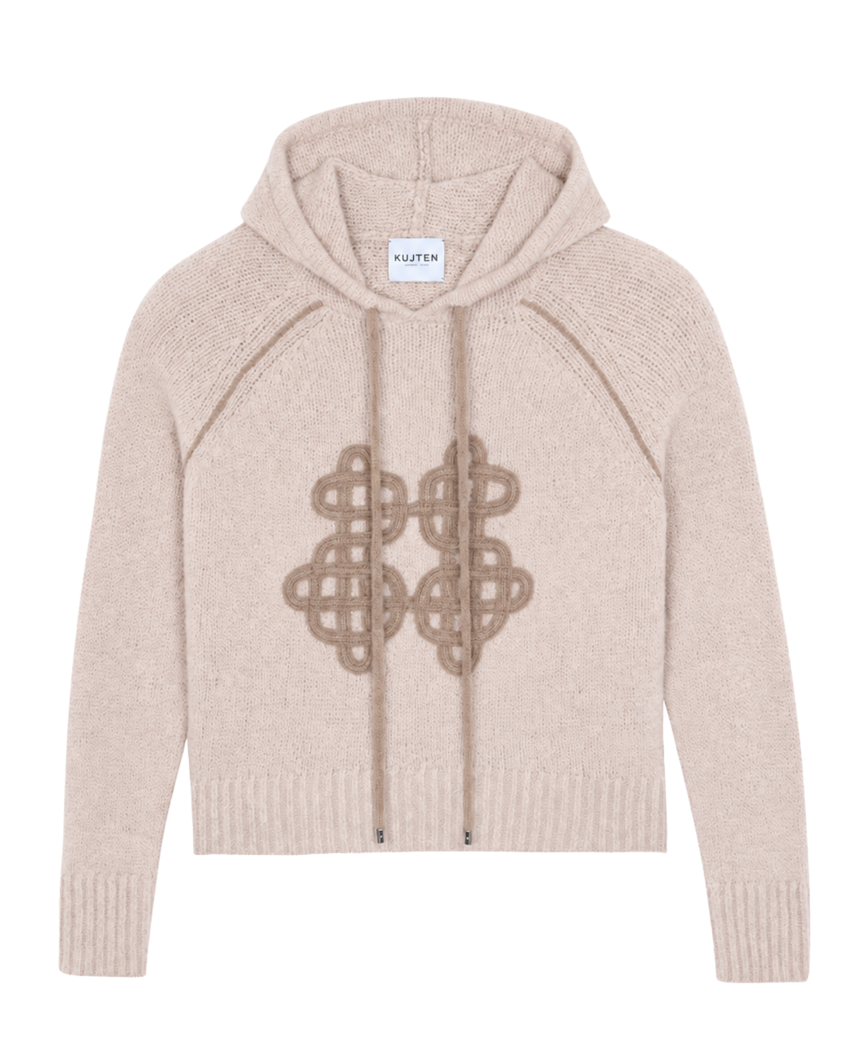 A light beige knit zip-up hoodie with a brown geometric knot pattern on the chest, featuring drawstrings and a white brand label that reads 'KLYFTEN'.