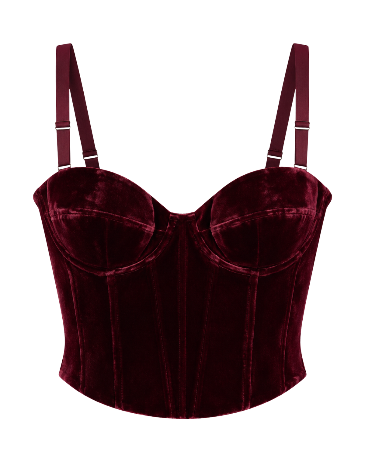 A deep burgundy velvet bustier corset top with structured cups and adjustable shoulder straps, shown against a plain white background.
