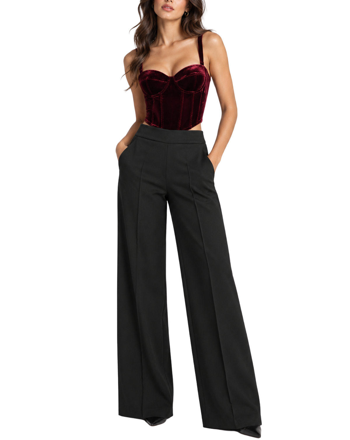A model wearing a deep burgundy velvet sweetheart corset top and high-waisted black wide-leg trousers, shown against a plain white background.