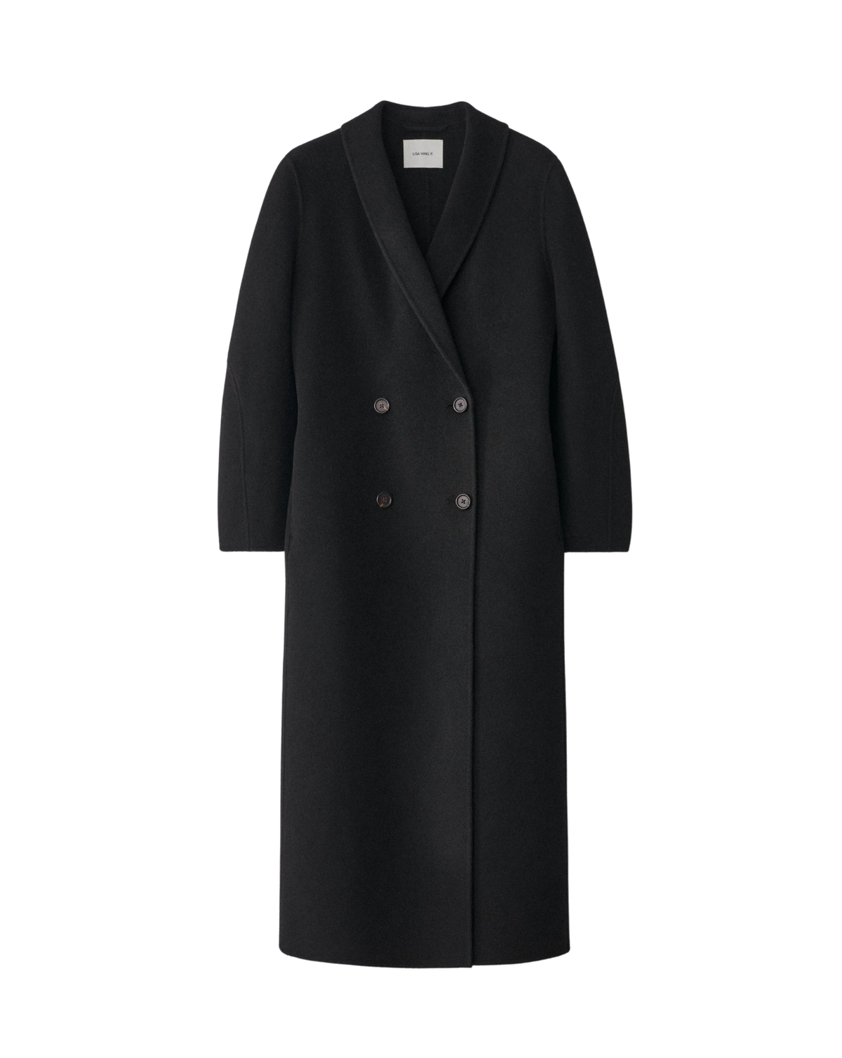 A long black double-breasted coat with shawl lapels and dark buttons, shown flat against a solid white background.