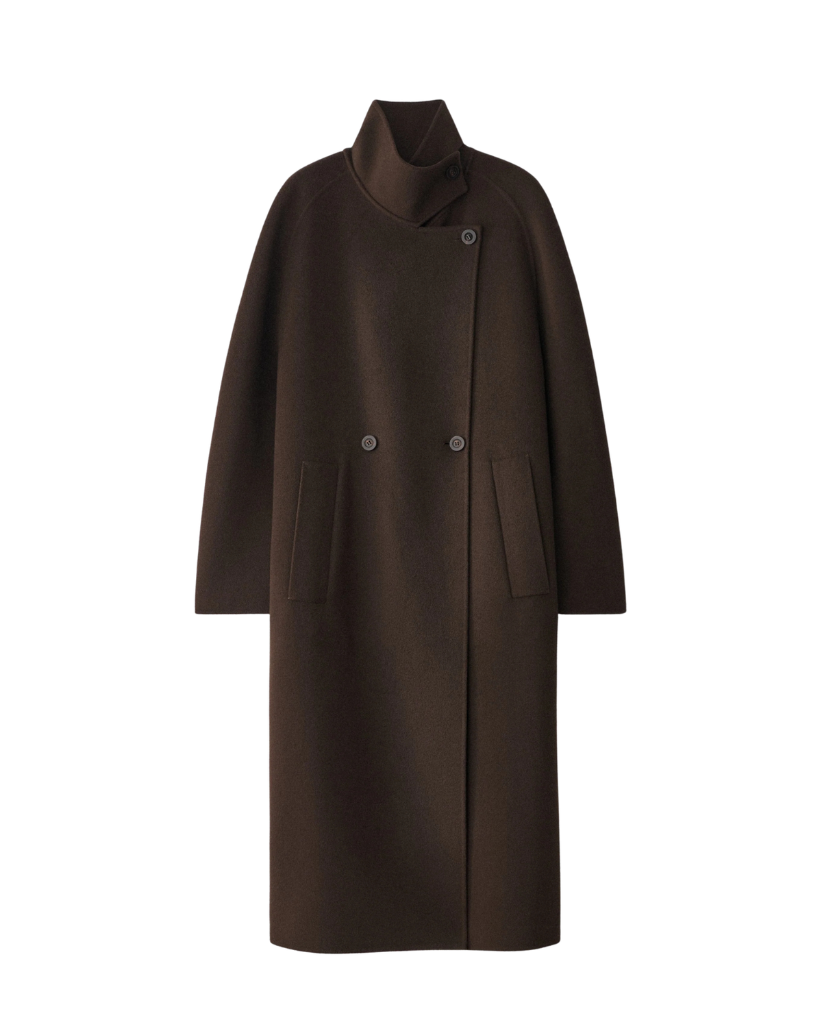 A dark brown long coat with a high mock neck collar, double-breasted button closure, and front patch pockets, shown on a plain white background.