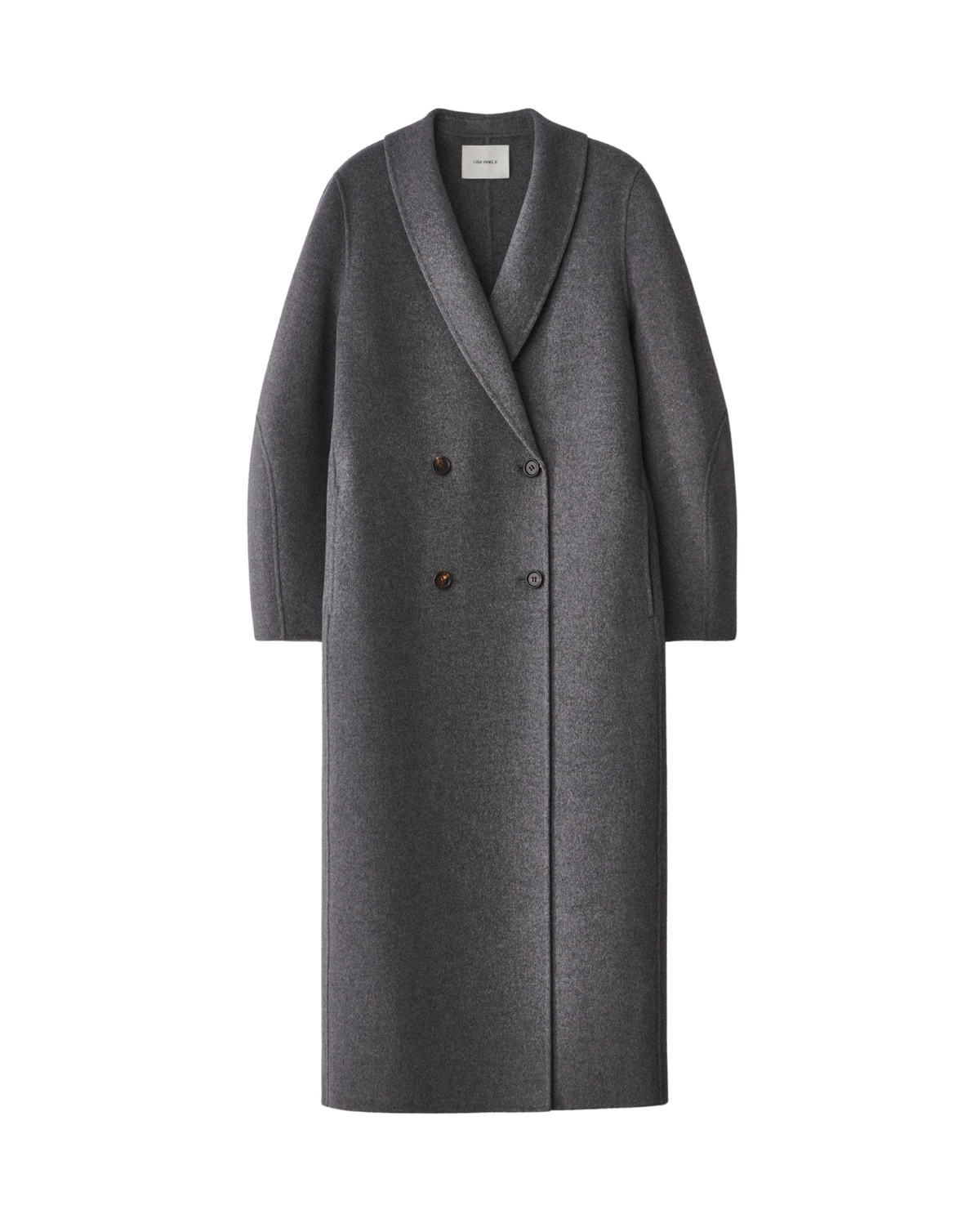 A dark gray double-breasted shawl collar coat with a textured wool-like finish, displayed on a clean white background.