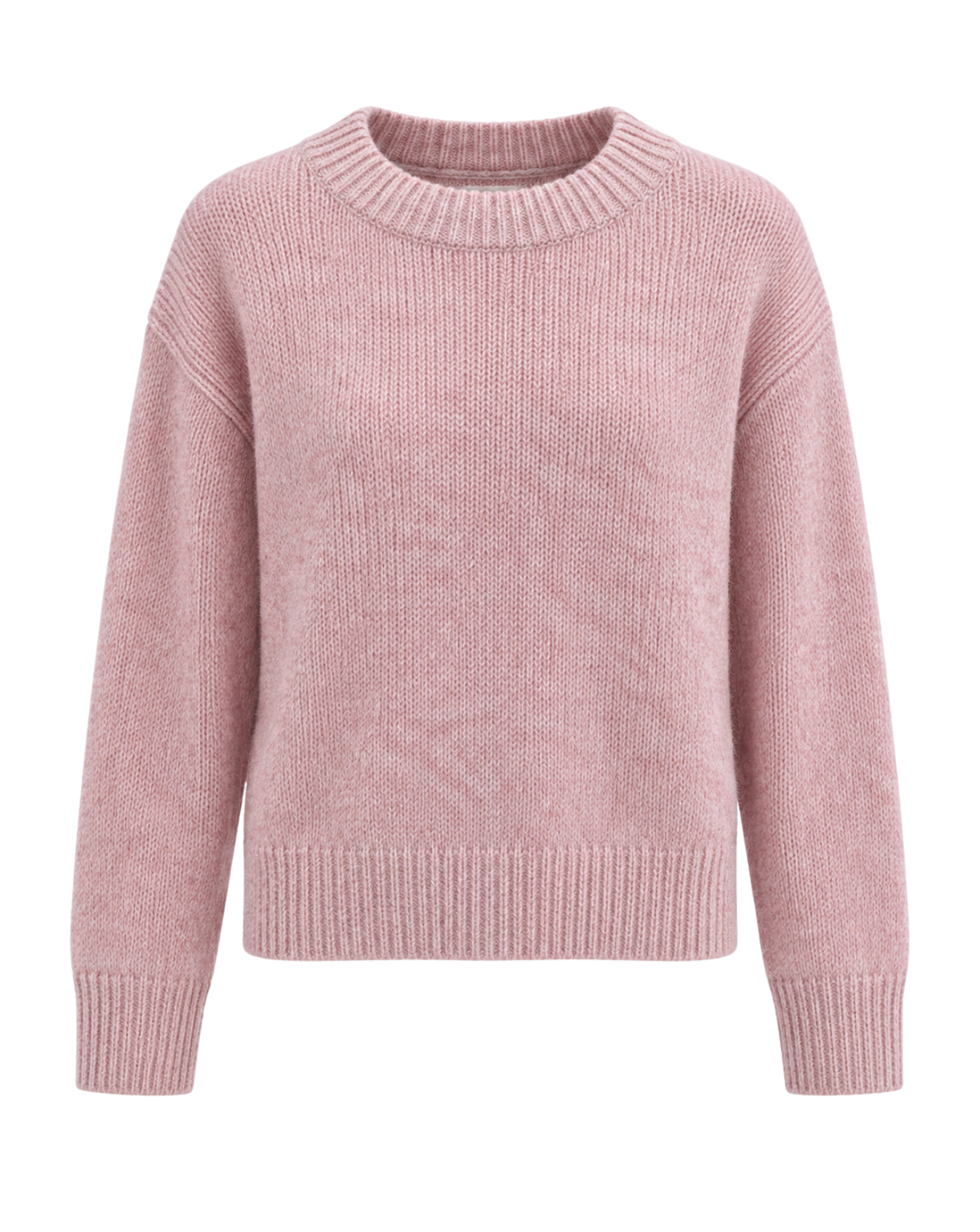 A dusty pink ribbed knit crewneck sweater with long sleeves, shown against a plain white background.
