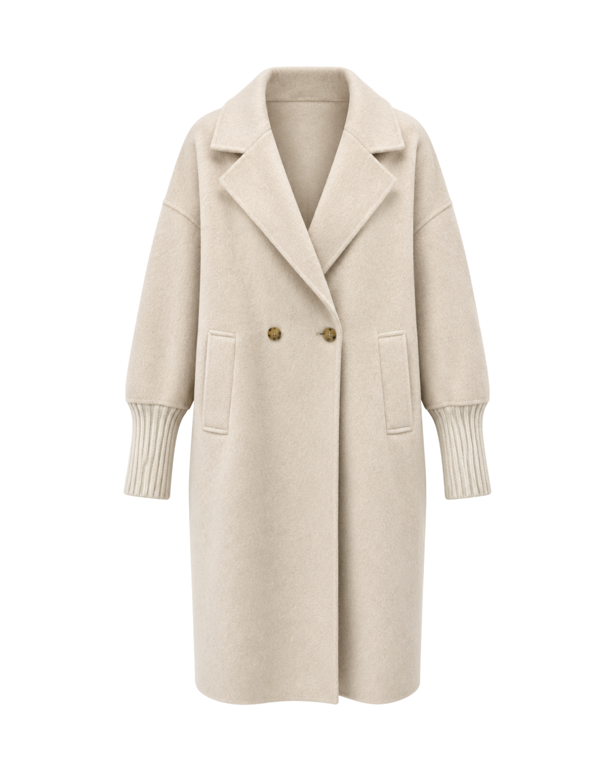 A light beige double-breasted coat with a wide collar, ribbed knit cuffs, and two gold buttons, shown on a plain white background.