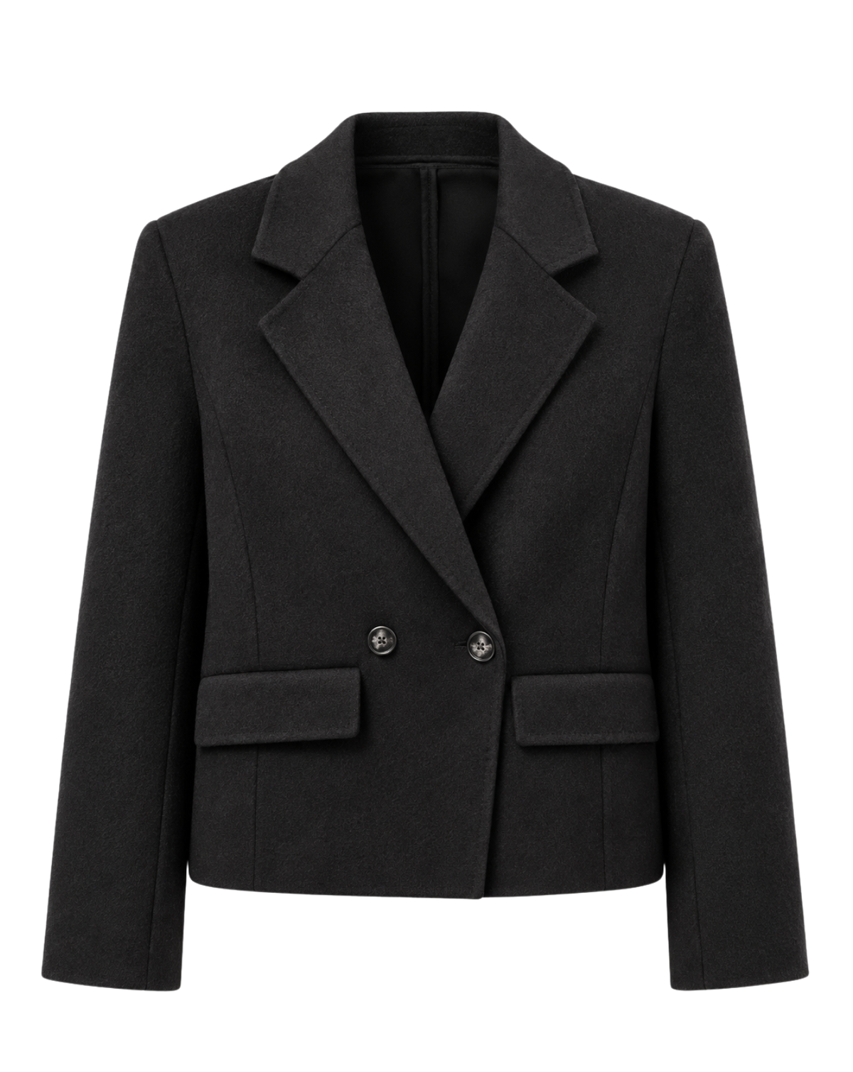 A black double-breasted blazer with notched lapels and flap pockets, shown against a plain white background.