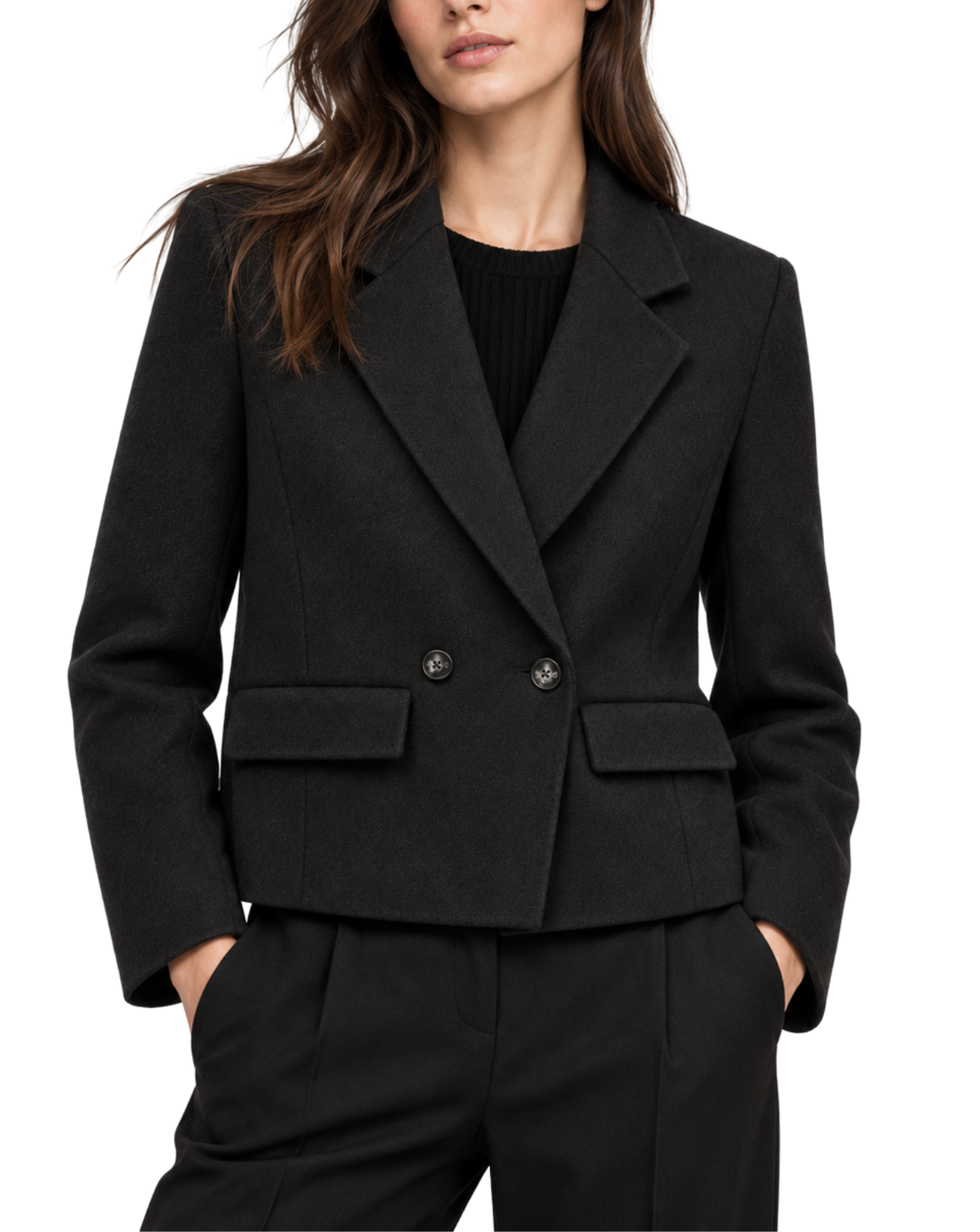 A woman wearing a tailored black double-breasted blazer with notch lapels, flap pockets, and two front buttons, paired with matching black trousers over a black ribbed top, against a plain white background.