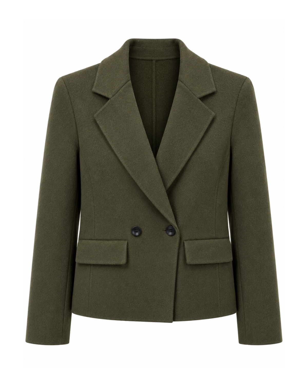 An olive green double-breasted blazer with notched lapels and two front flap pockets, shown on a plain white background.