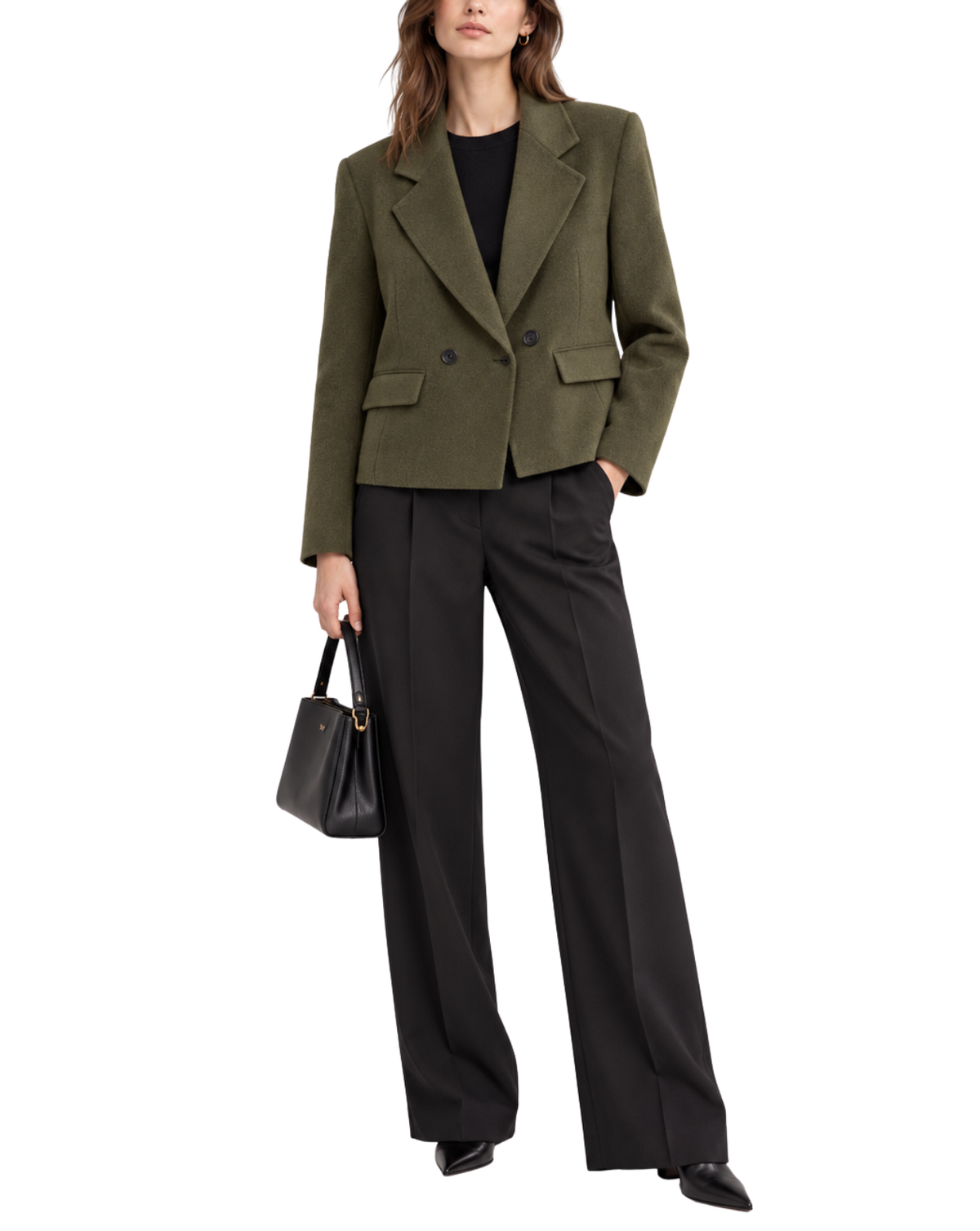A model is shown from the waist up wearing an olive green double-breasted blazer, black wide-leg trousers, a black top, and holding a black handbag against a plain white background.