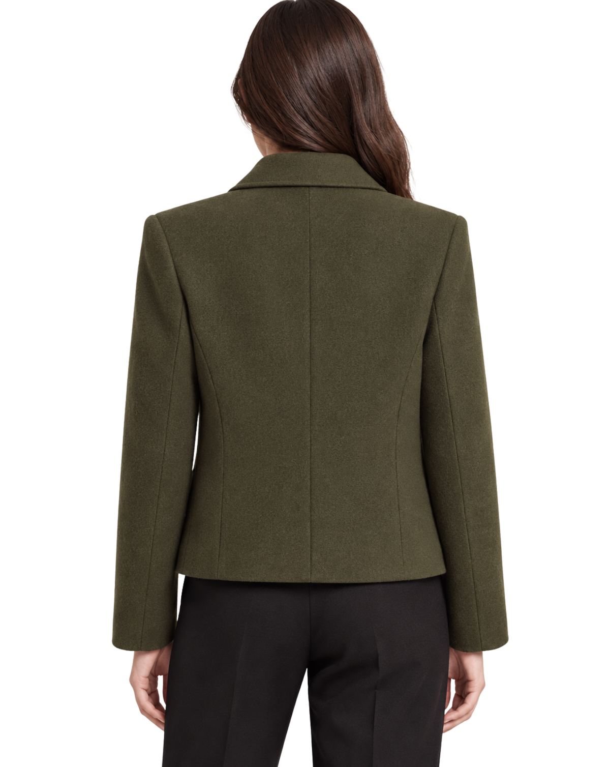 A woman shown from the back wearing an olive green tailored blazer and black trousers against a plain white studio background.