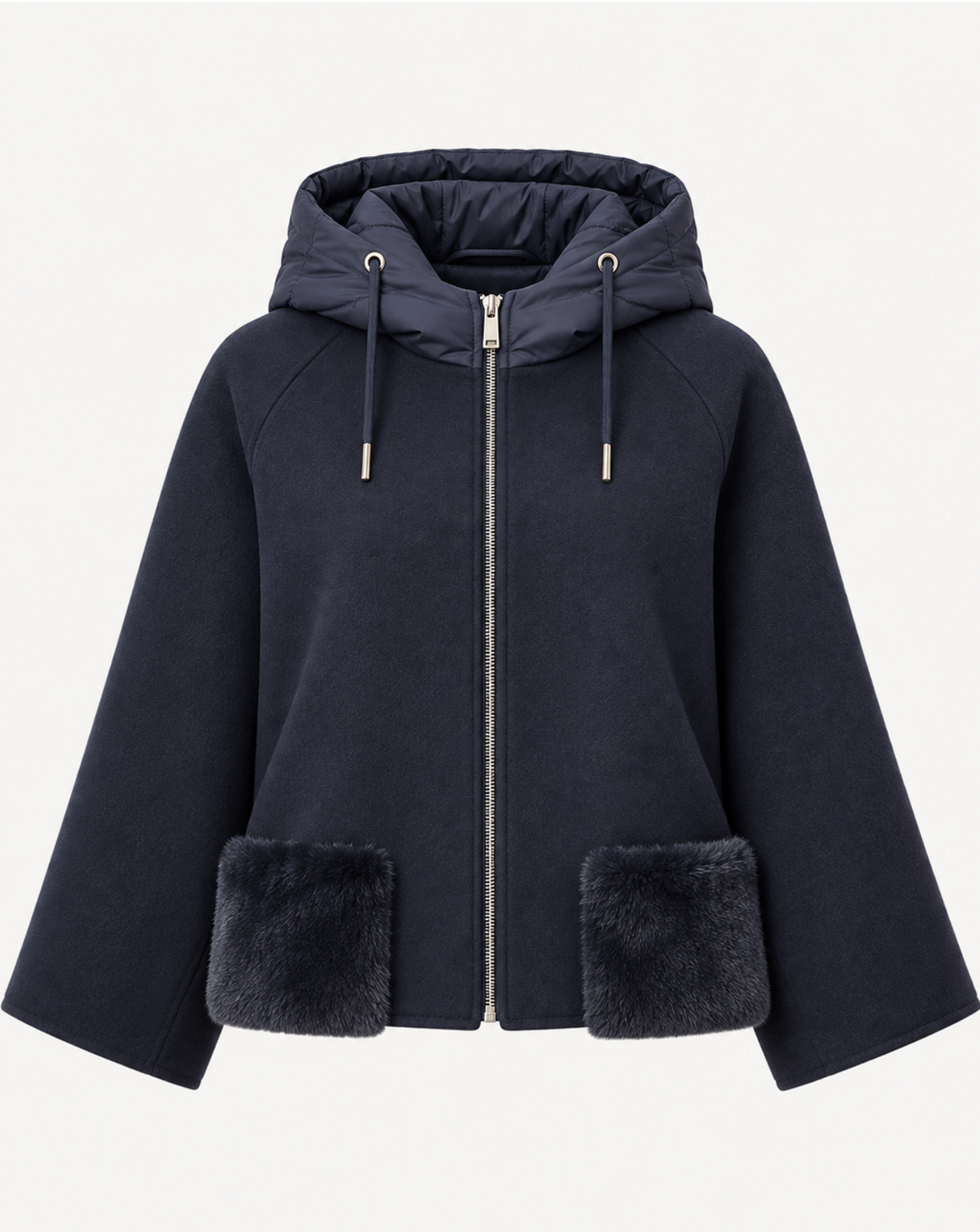 A navy blue hooded jacket with a full front zipper, drawstrings, and dark gray faux-fur trim on the hem and pocket flaps, shown against a light gray background.