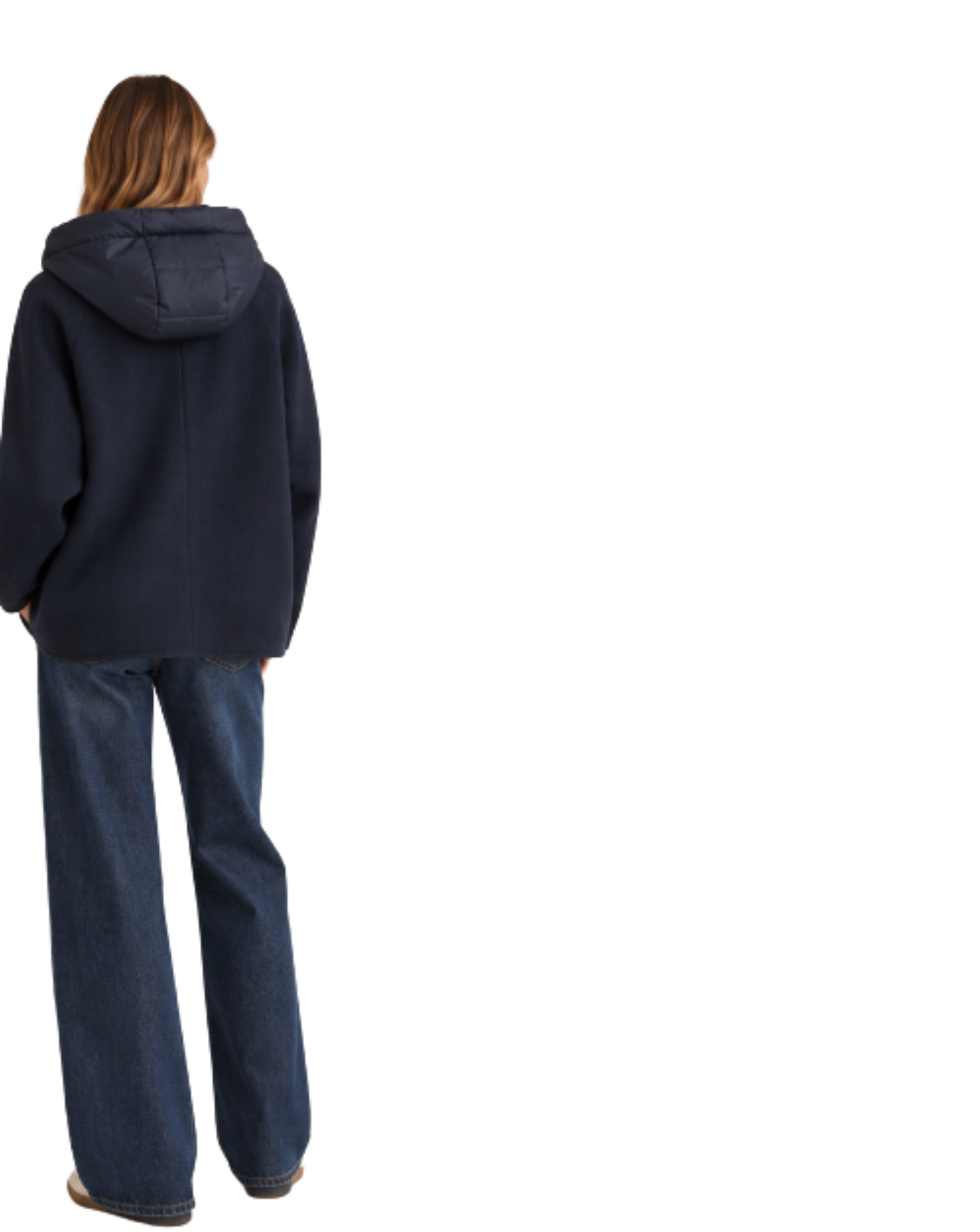 A model shown from the back wearing a dark navy hooded jacket and wide-leg dark blue jeans against a plain white background.