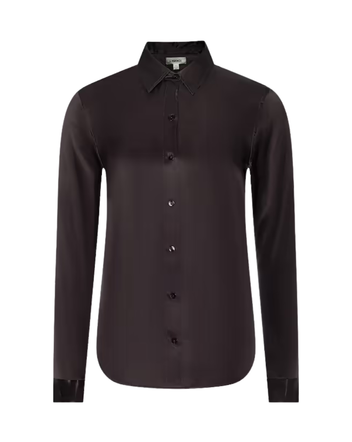 A dark brown long-sleeve button-down shirt with a pointed collar, shown on a plain white background.