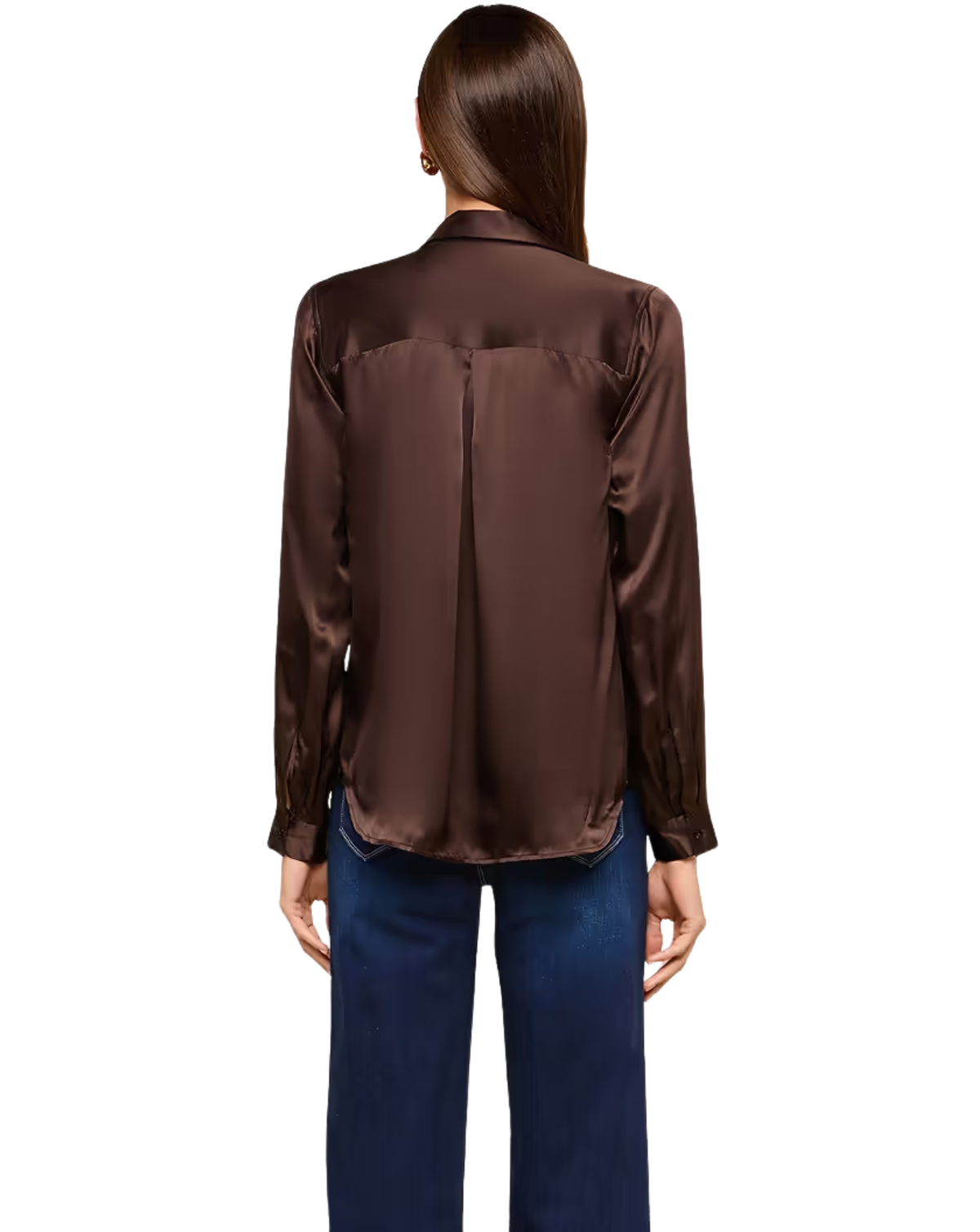 A woman viewed from the back wearing a dark brown satin button-up shirt and blue jeans against a plain white background.