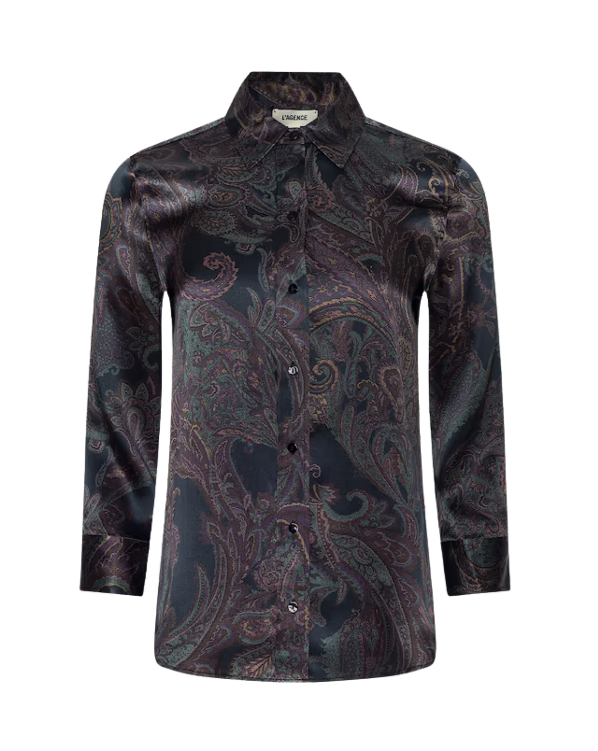 A men's long-sleeve button-up shirt with a dark paisley pattern in black, brown, and muted teal, shown on a plain white background.