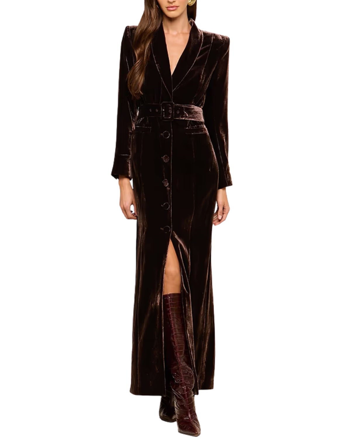 A woman models a long, dark brown velvet wrap-style coat with a matching belt and large front buttons, paired with dark brown boots, against a plain white background.
