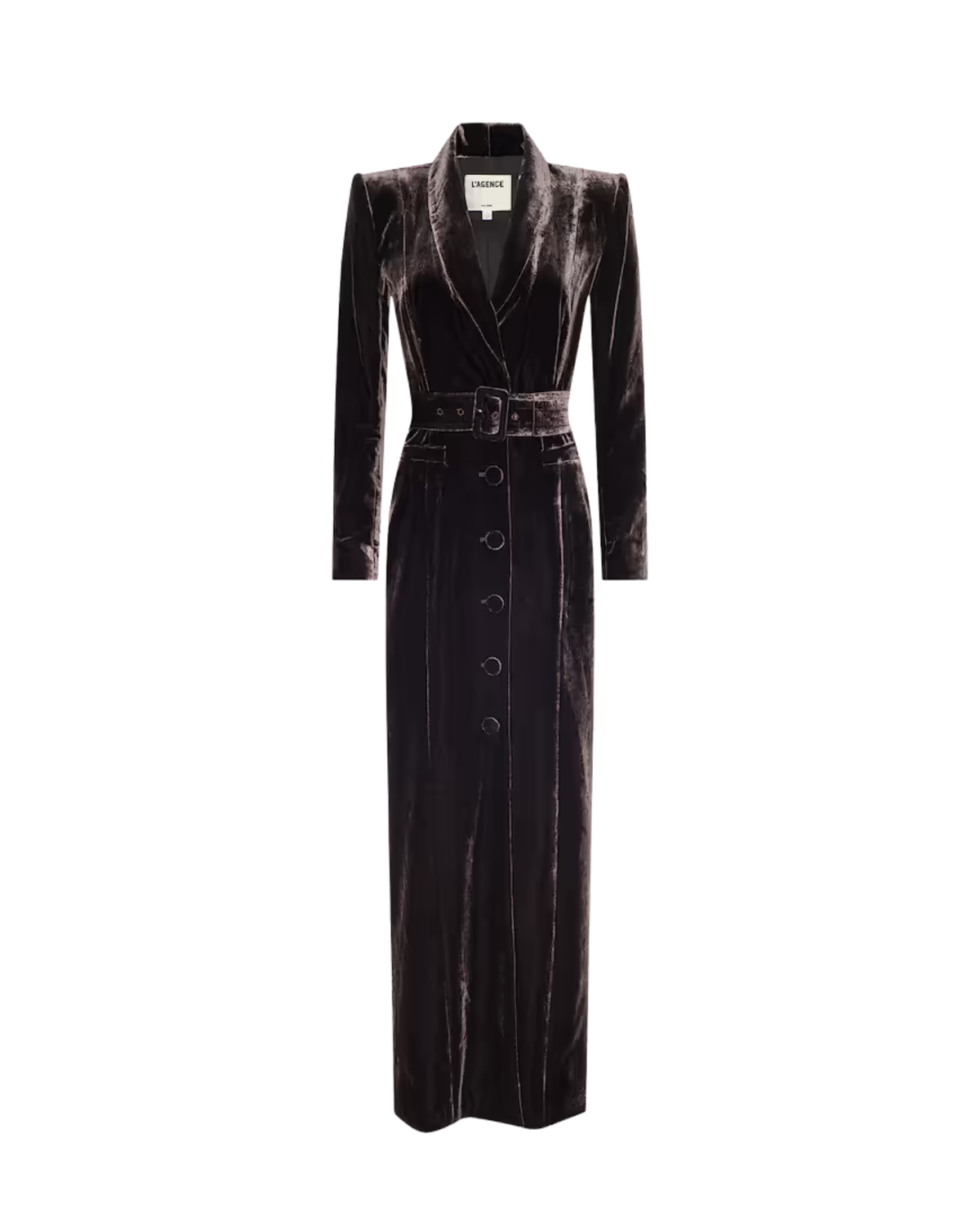 A long dark plum velvet blazer dress with a matching waist belt, shown on a plain white background.