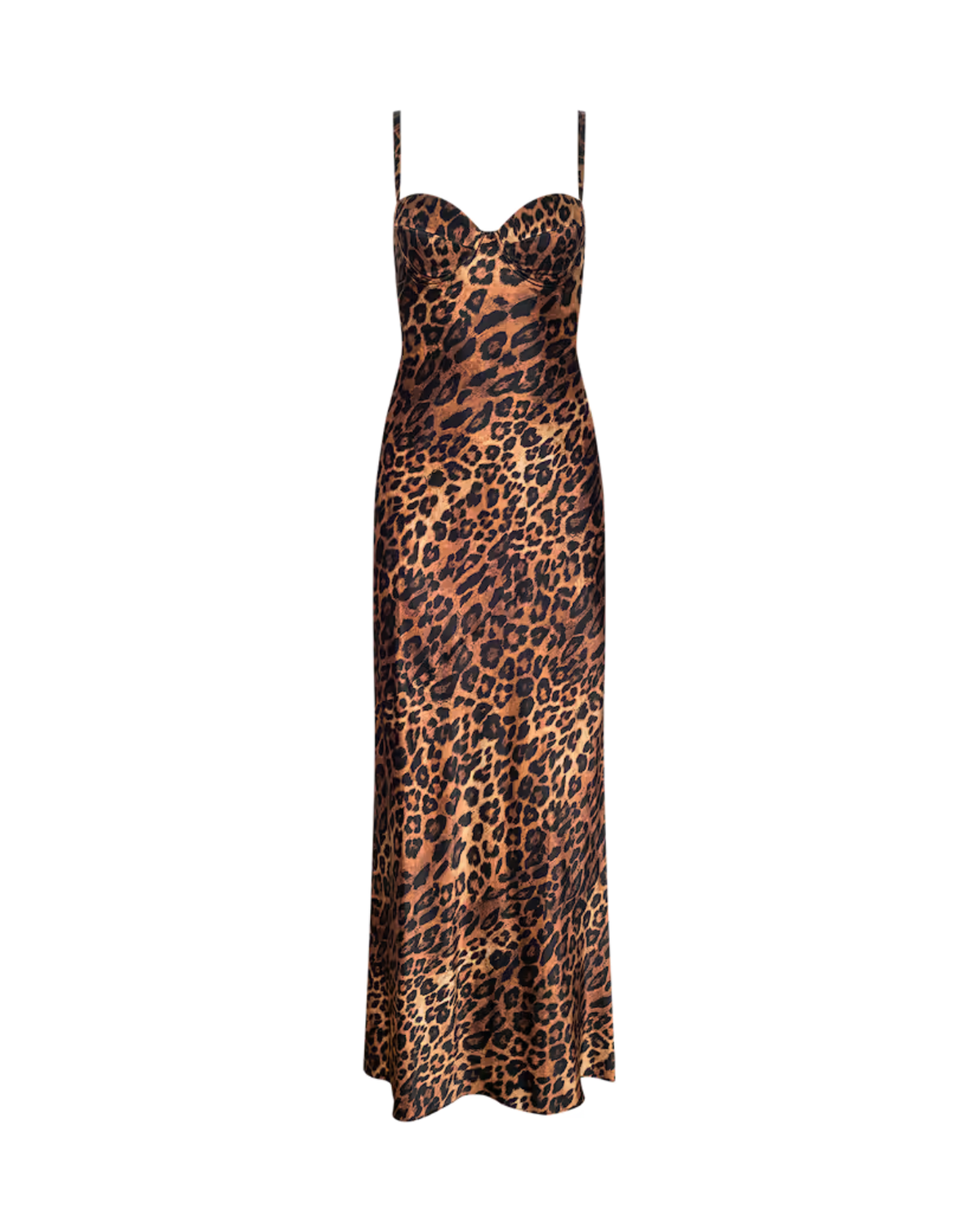 A leopard print maxi dress with thin spaghetti straps, a sweetheart neckline, and a fitted silhouette, shown against a plain white background.