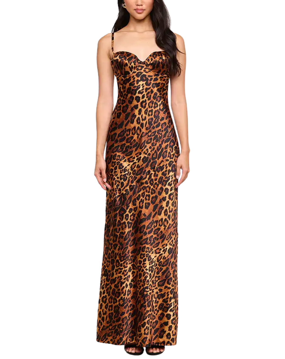A woman modeling a strapless leopard-print maxi dress with a sweetheart neckline and thin shoulder straps, shown against a plain white background.