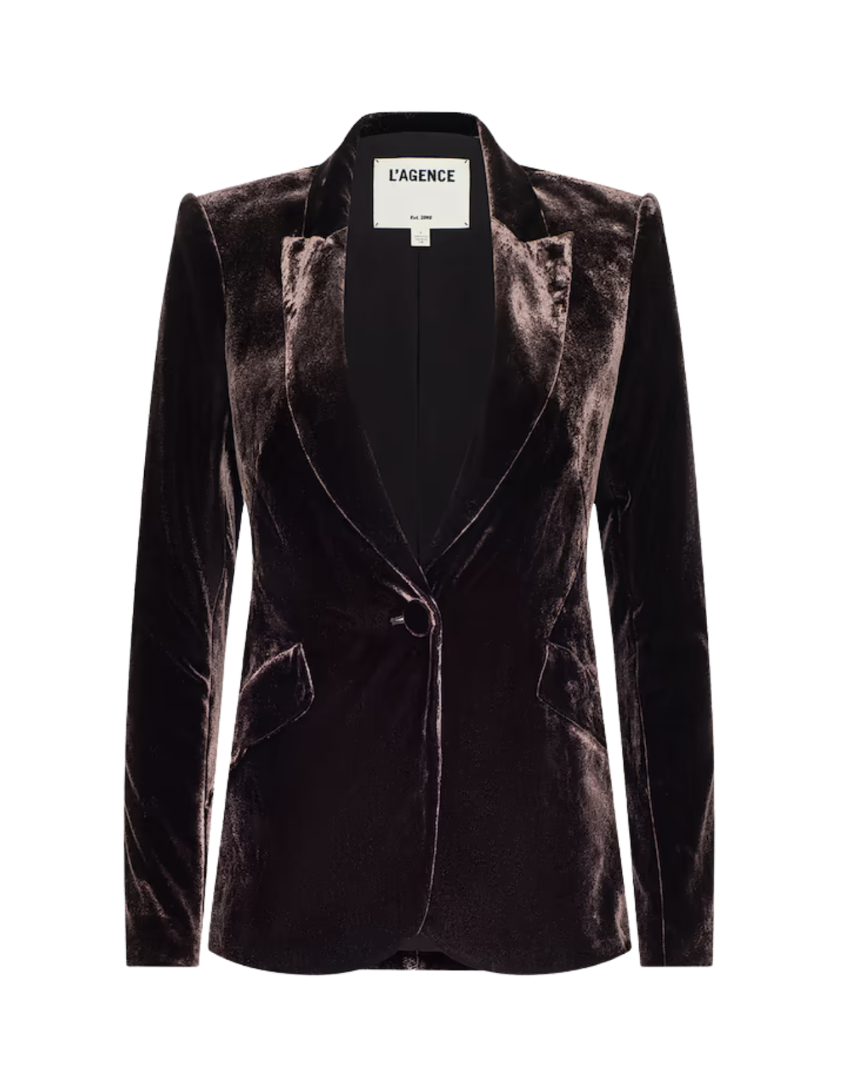 A dark brown velvet blazer from L'Agence New York, featuring a single button closure, notched lapels, and a structured silhouette, shown against a plain white background.