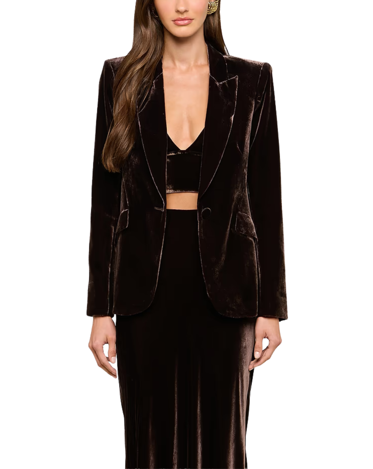 A woman modeling a dark brown velvet three-piece suit, featuring a cropped vest top, a matching blazer, and a long skirt, against a plain white background.