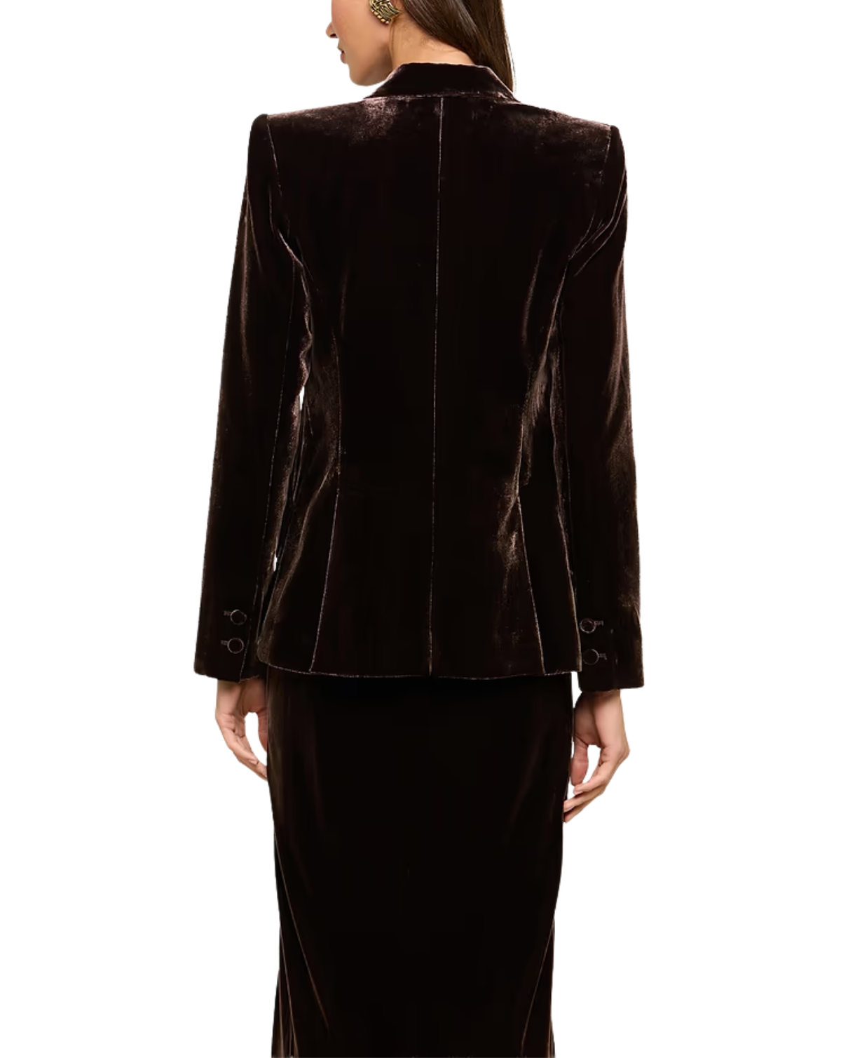 A model shown from the back wearing a dark brown velvet blazer and matching skirt against a plain white background.