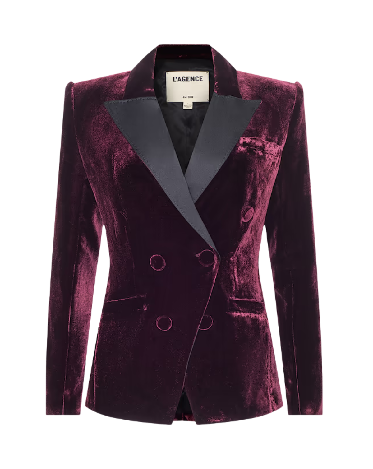 A women's double-breasted velvet blazer in deep plum purple with contrasting dark gray satin lapels, shown on a plain white background. The brand label 'L'AGENCE' is visible inside the collar.